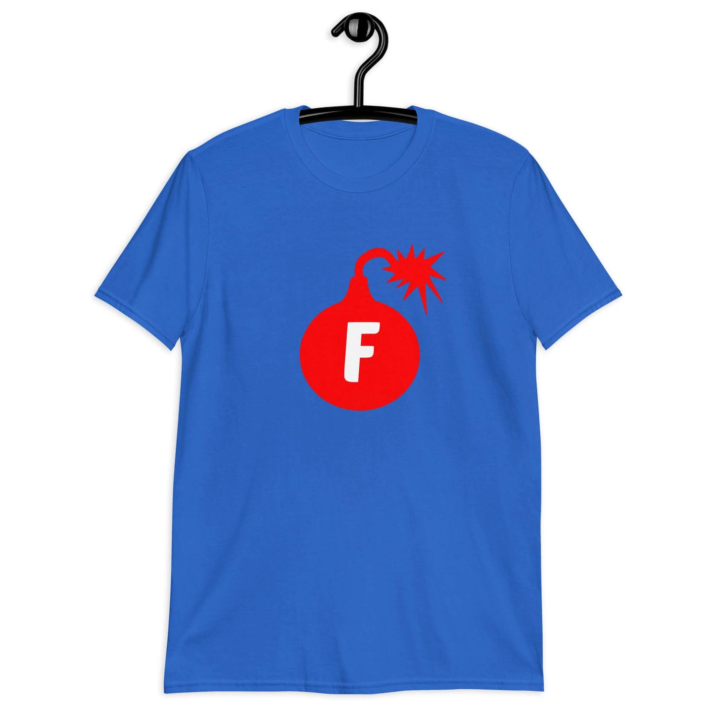 Royal blue t-shirt with an image of a bomb with the letter F printed in the center. The graphics are printed on the front of the shirt.