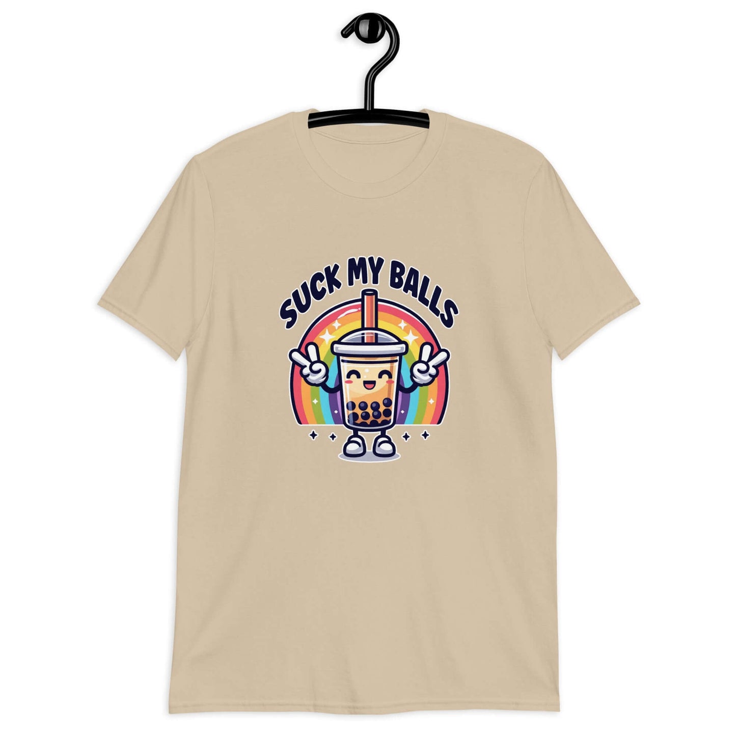 San color t-shirt with graphics of a rainbow and a smiling boba bubble tea. The bubble tea has arms and legs. The phrase Suck my balls is printed above the rainbow. The graphics are on the front of the shirt.