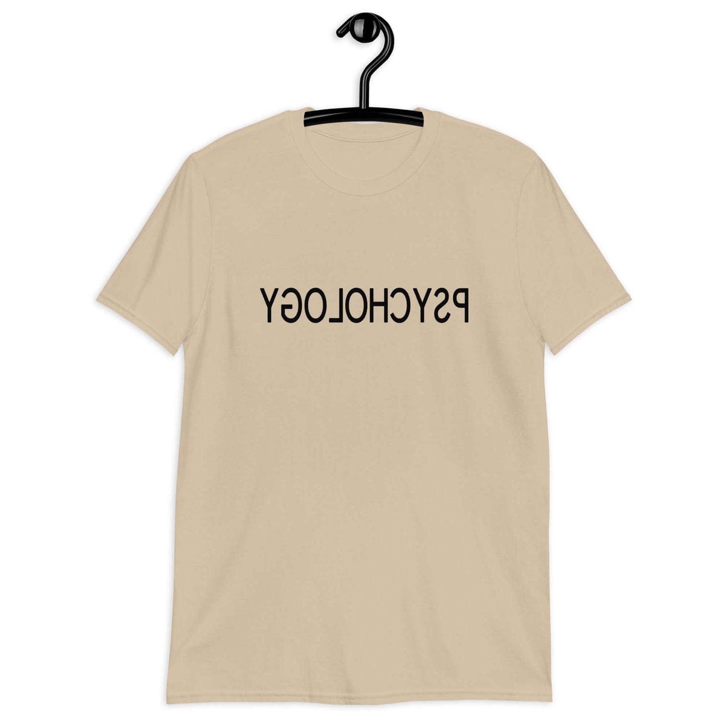 Sand color t-shirt with the word Psychology printed in reverse on the front.