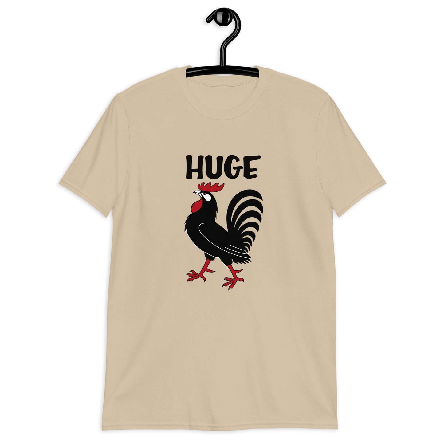 Sand color t-shirt with an image of a rooster and the word Huge above the rooster printed on the front.