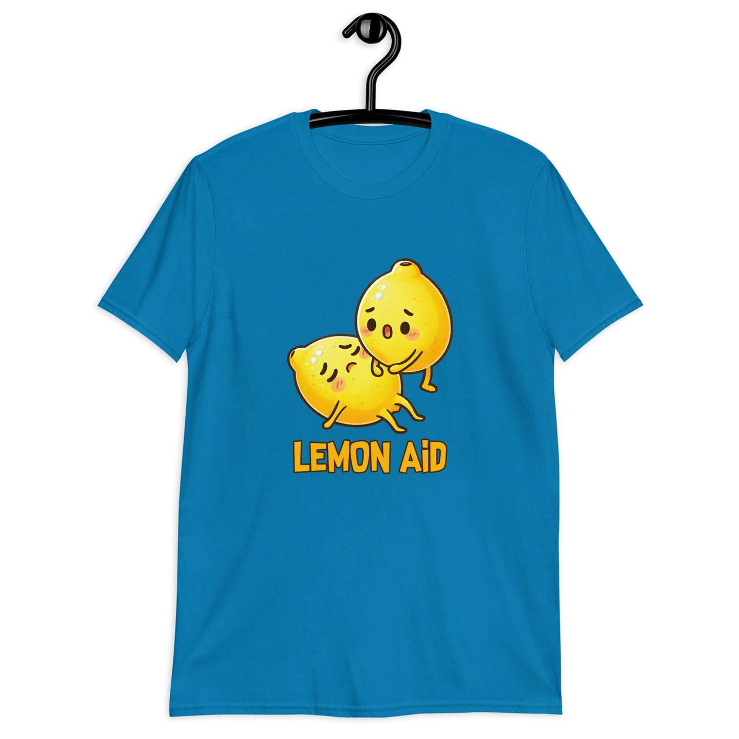 Sapphire blue t-shirt with image of 2 cartoon lemons. One lemon is giving the other lemon CPR. The words Lemon Aid is under the lemons. The graphic is printed on the front.