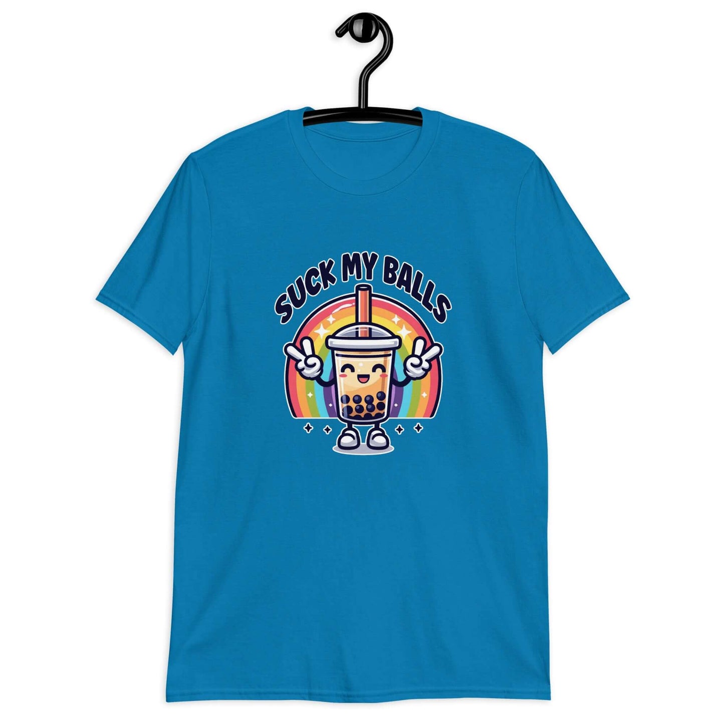Sapphire blue t-shirt with graphics of a rainbow and a smiling boba bubble tea. The bubble tea has arms and legs. The phrase Suck my balls is printed above the rainbow. The graphics are on the front of the shirt.