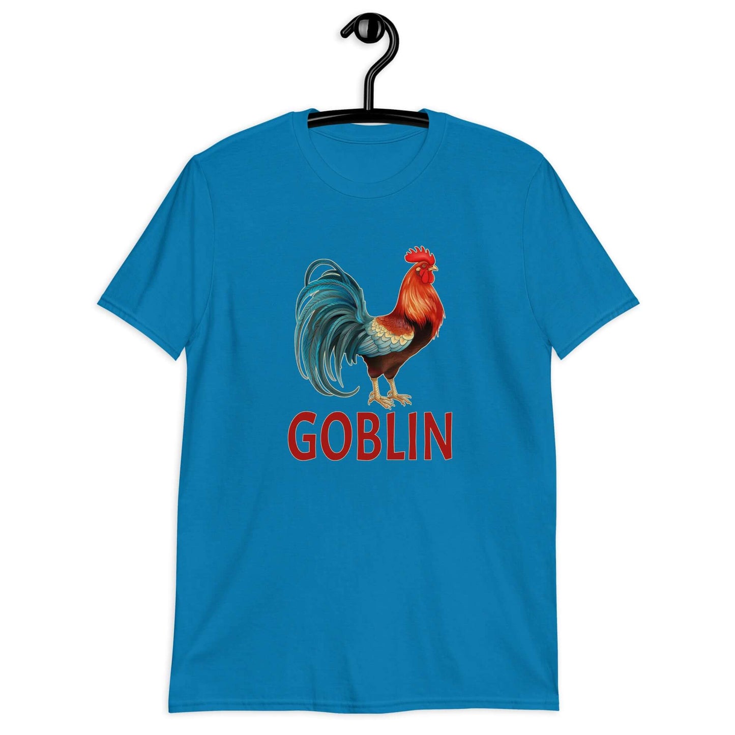 Sapphire blue t-shirt with an image of a rooster and the word Goblin printed under the rooster. The graphics are printed on the front of the shirt.