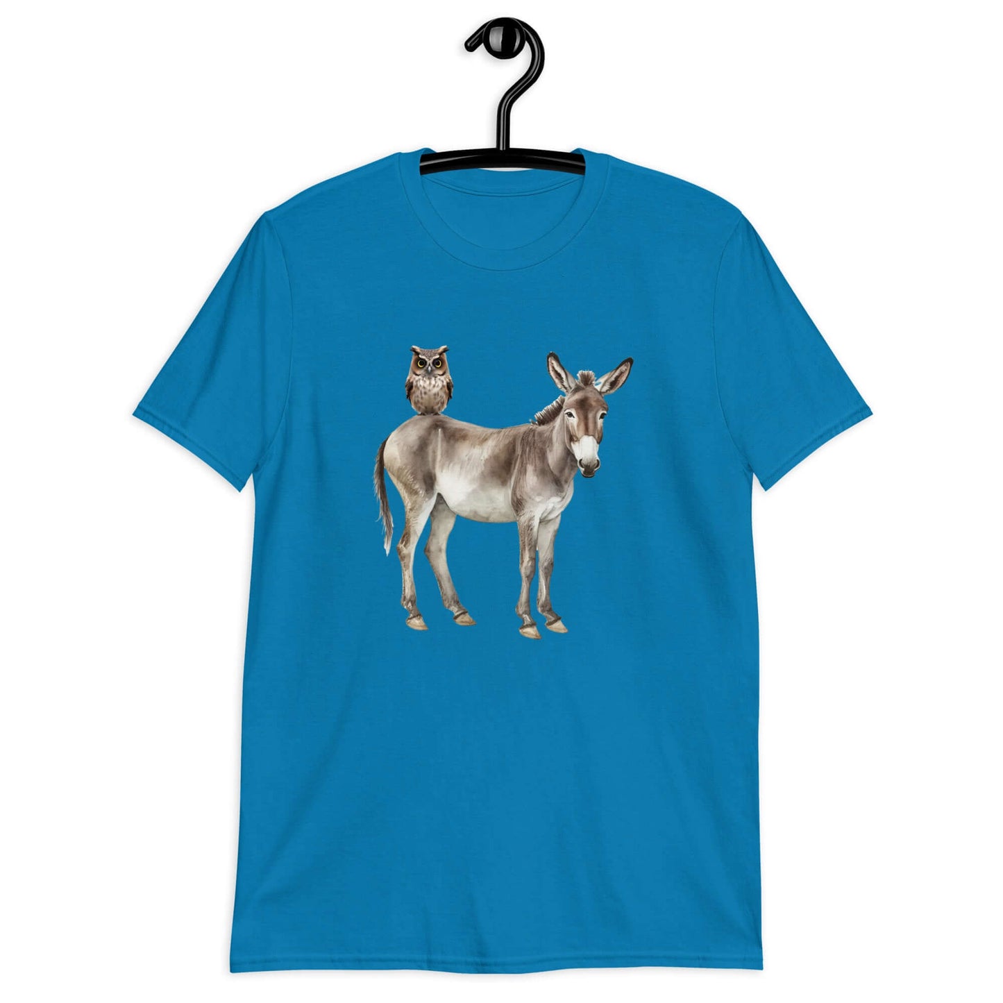 Sapphire blue t-shirt with an image of a donkey with wise owl sitting on it printed on the front.