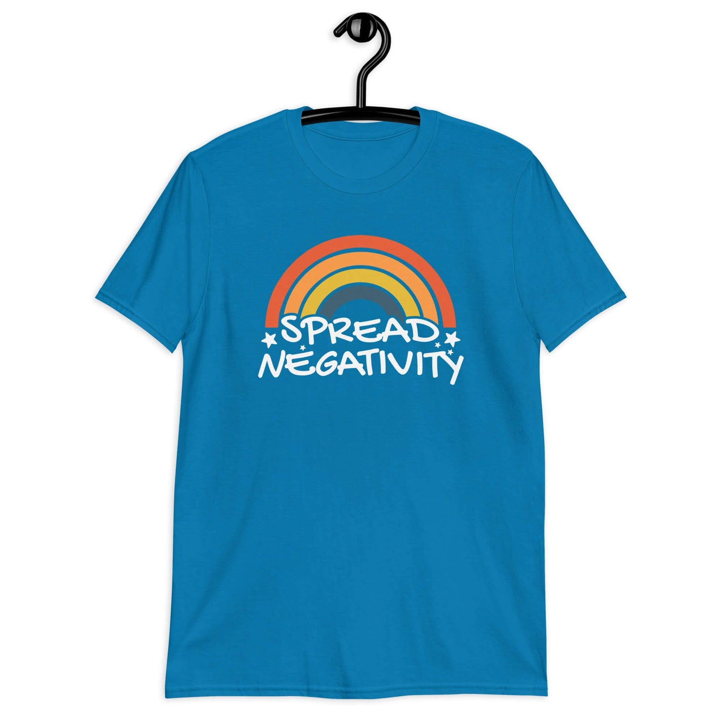 Sapphire blue t-shirt with a graphic of a rainbow and the words Spread negativity printed on the front.