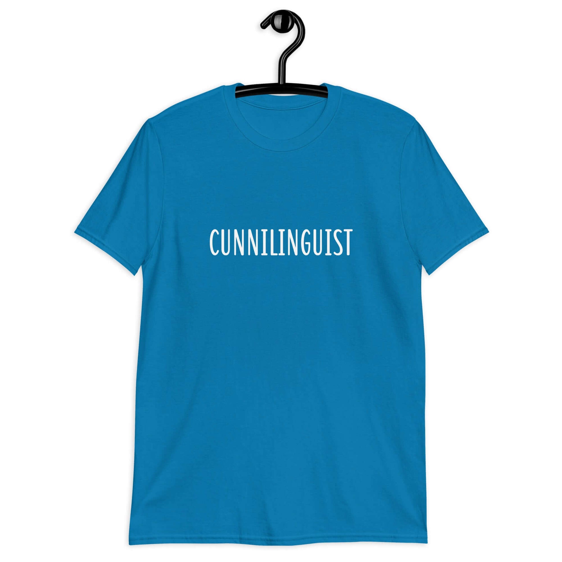 Sapphire blue t-shirt with the word Cunnilinguist printed on the front.