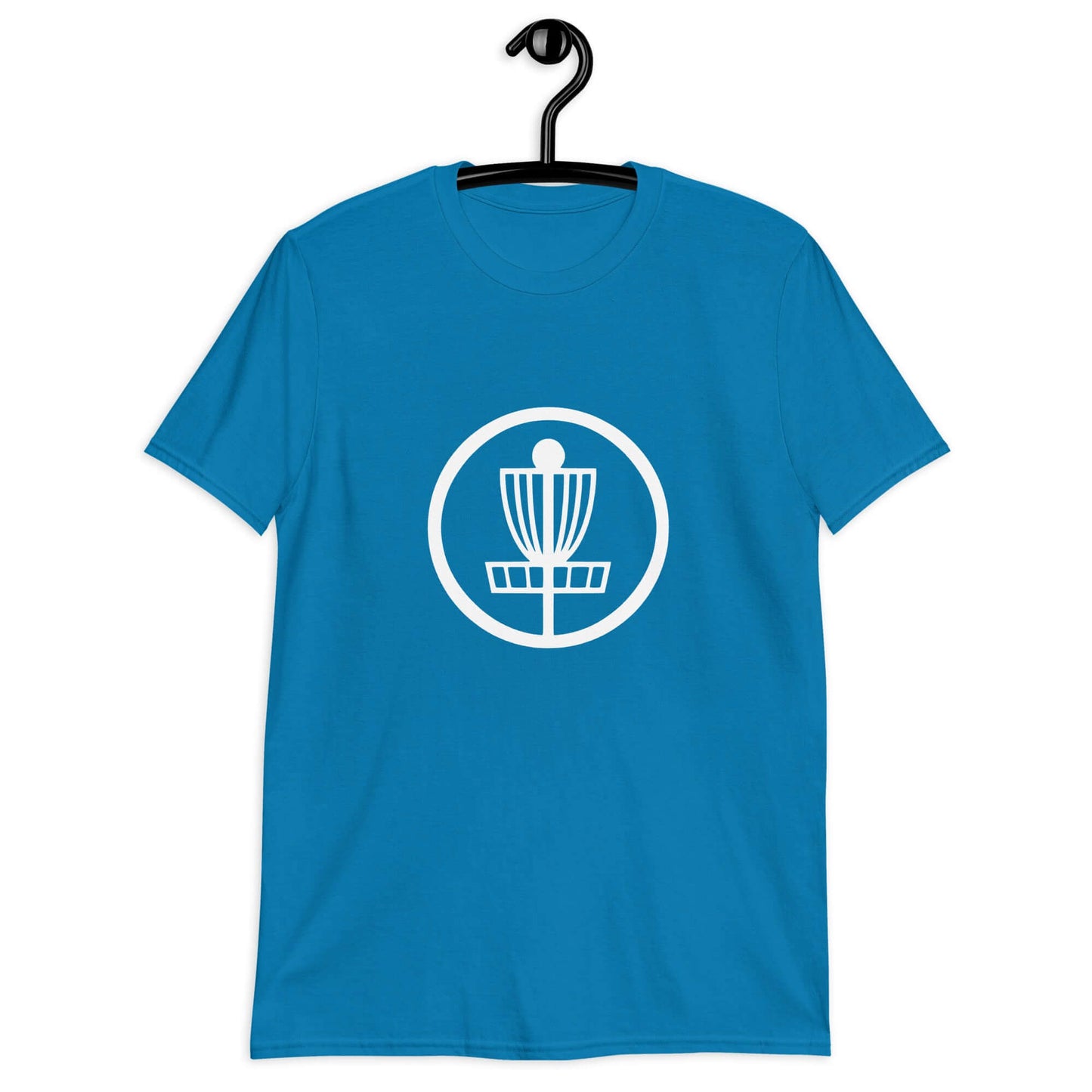 Sapphire blue t-shirt with an image of disc golf basket silhouette with a circle around it printed on the front.