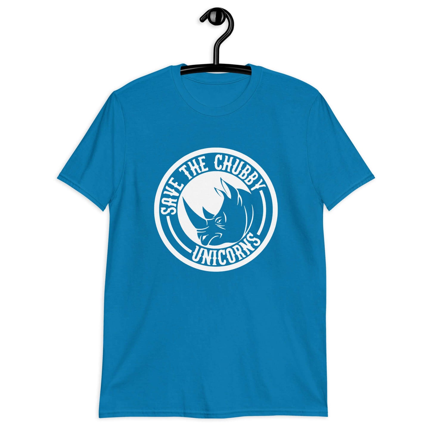 Sapphire blue t-shirt with a funny graphic of a rhinoceros & the words Save the chubby unicorns printed on the front.
