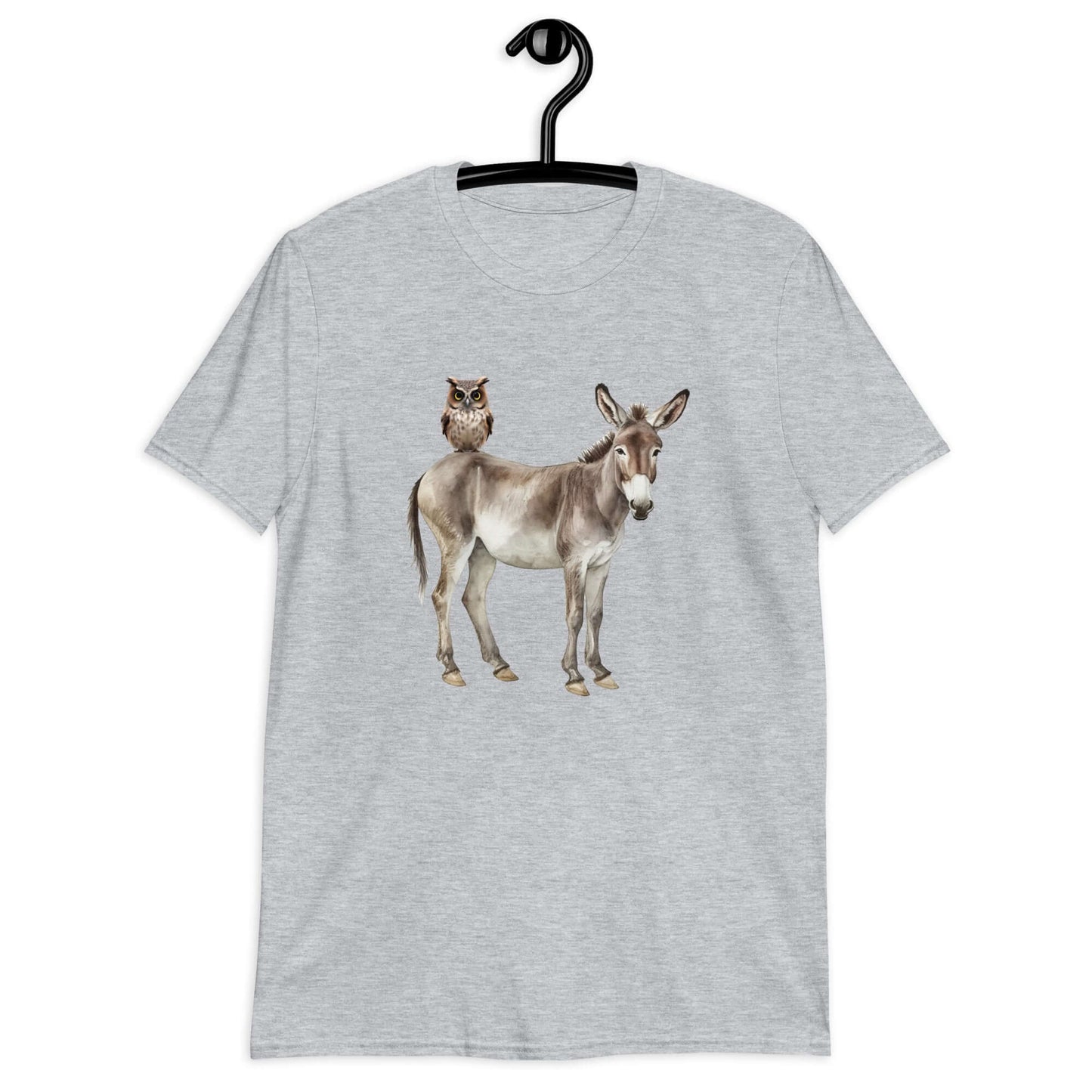 Light sport grey t-shirt with an image of a donkey with wise owl sitting on it printed on the front.
