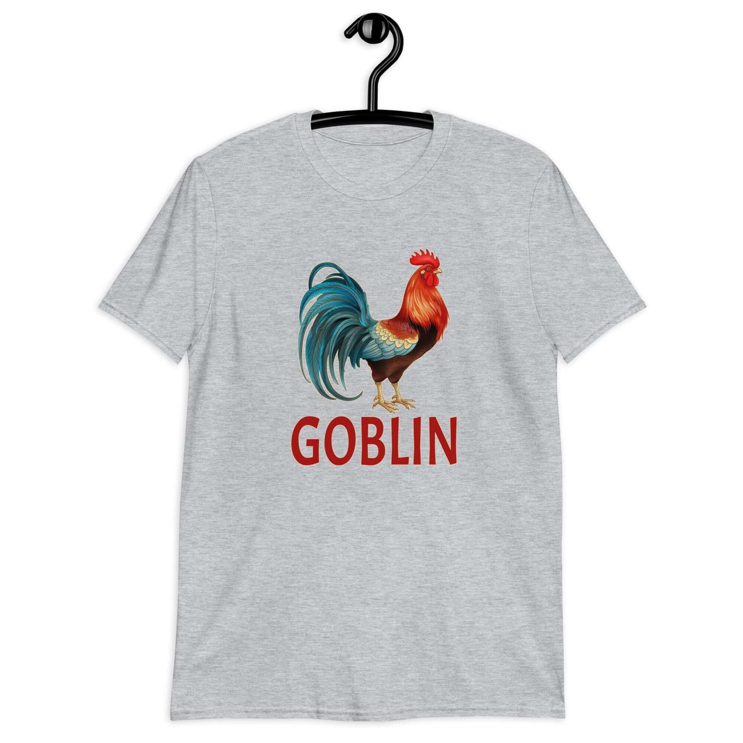 Light grey t-shirt with an image of a rooster and the word Goblin printed under the rooster. The graphics are printed on the front of the shirt.