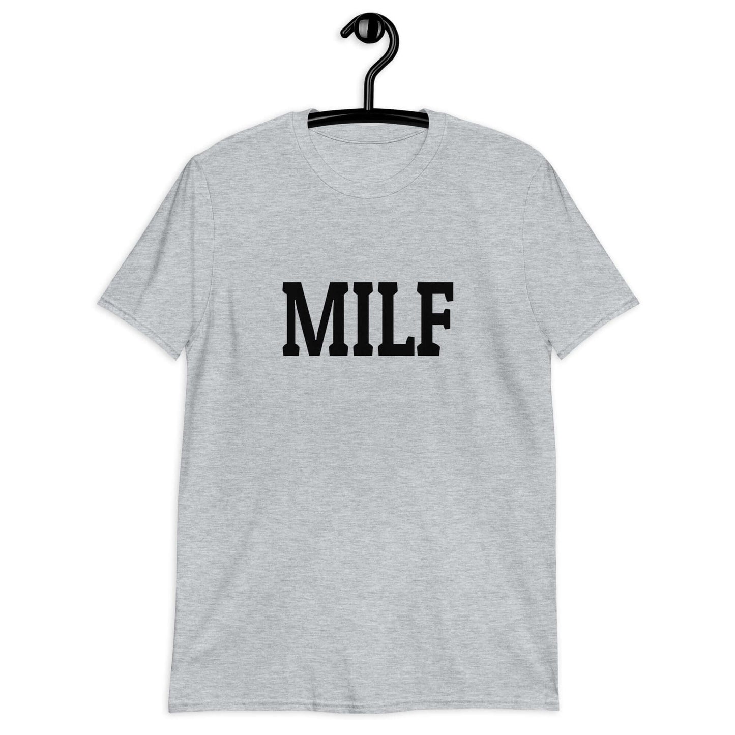 Sport grey t-shirt with the acronym MILF printed on the front.