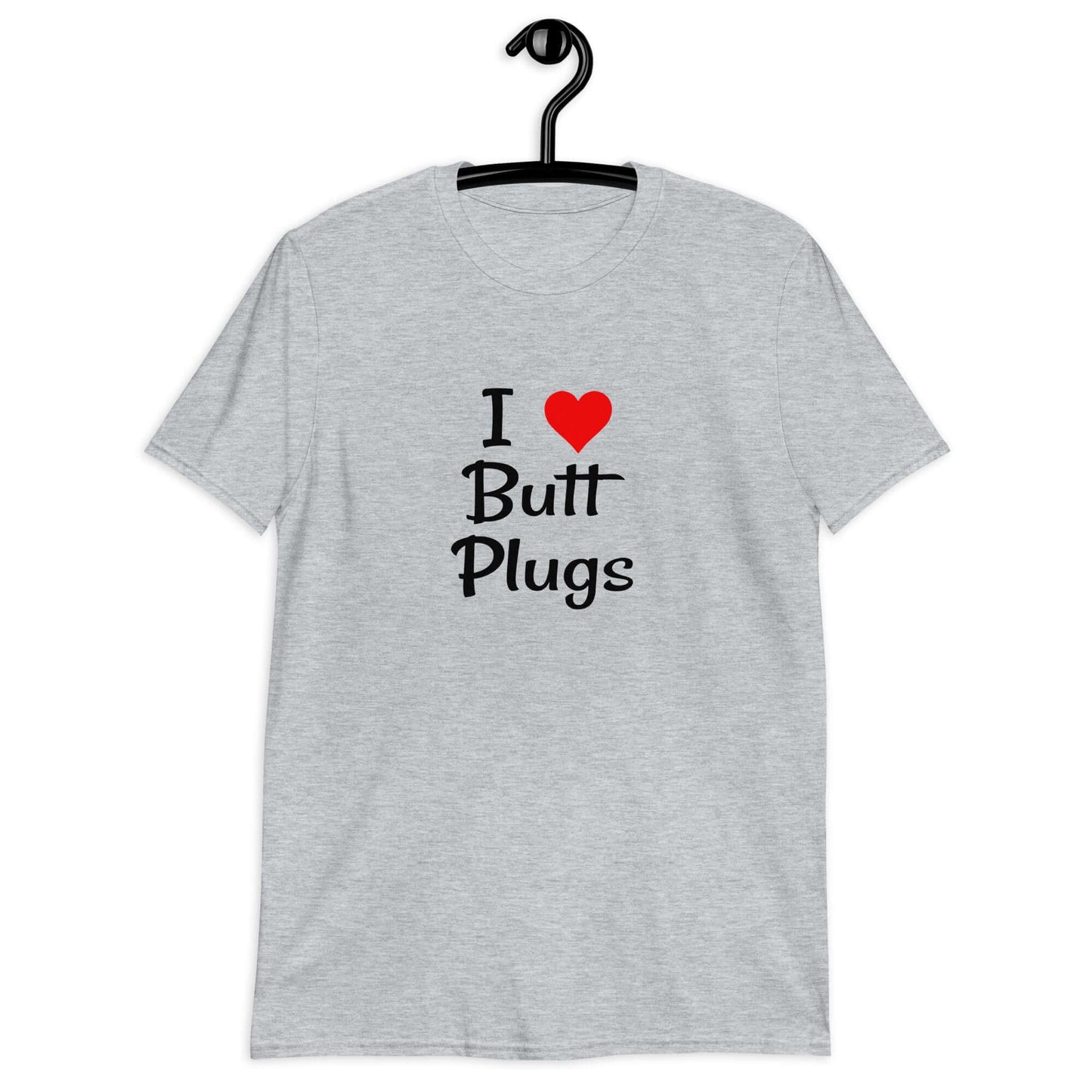 Sport grey t-shirt with I heart butt plugs printed on the front.