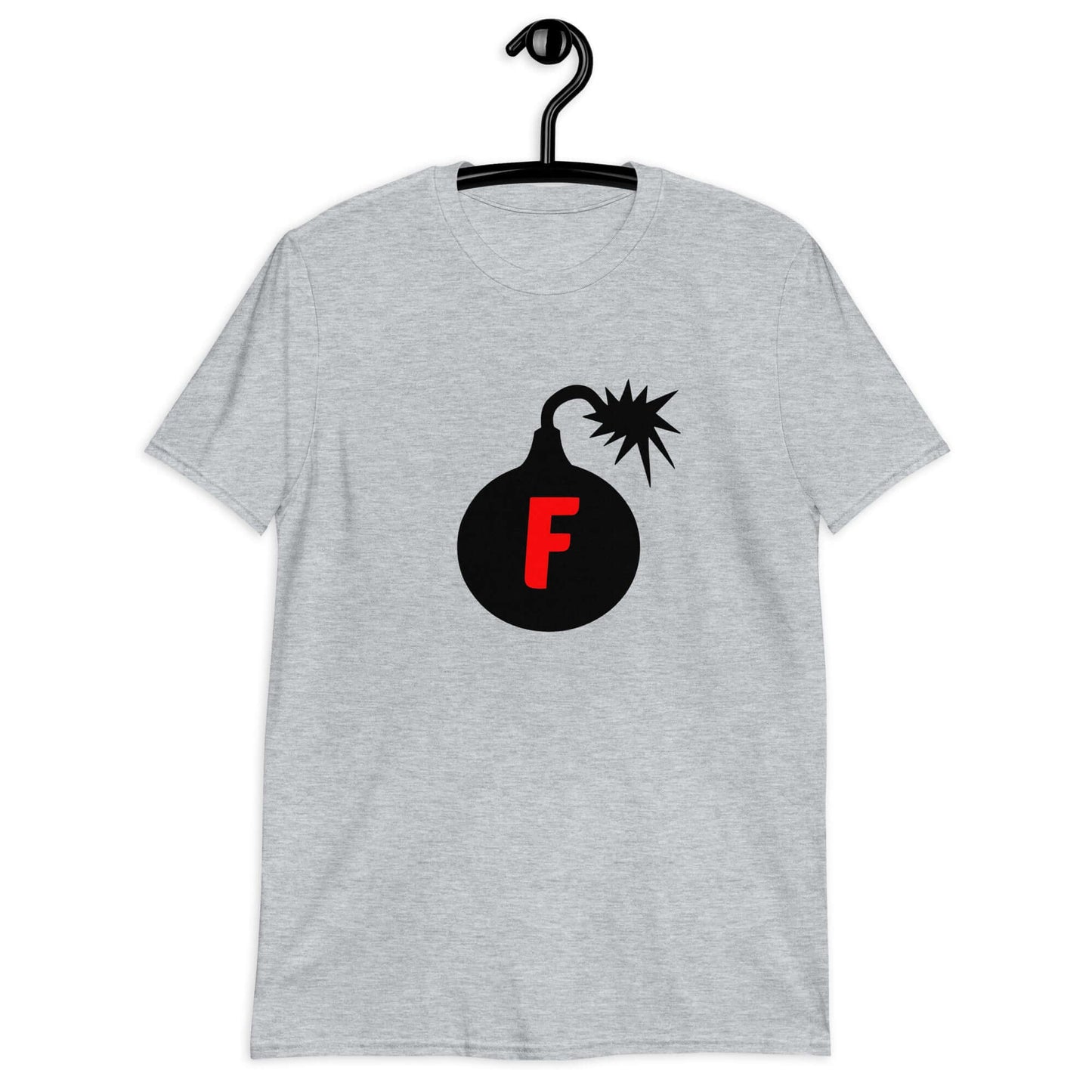 Sport grey t-shirt with an image of a bomb with the letter F printed in the center. The graphics are printed on the front of the shirt.