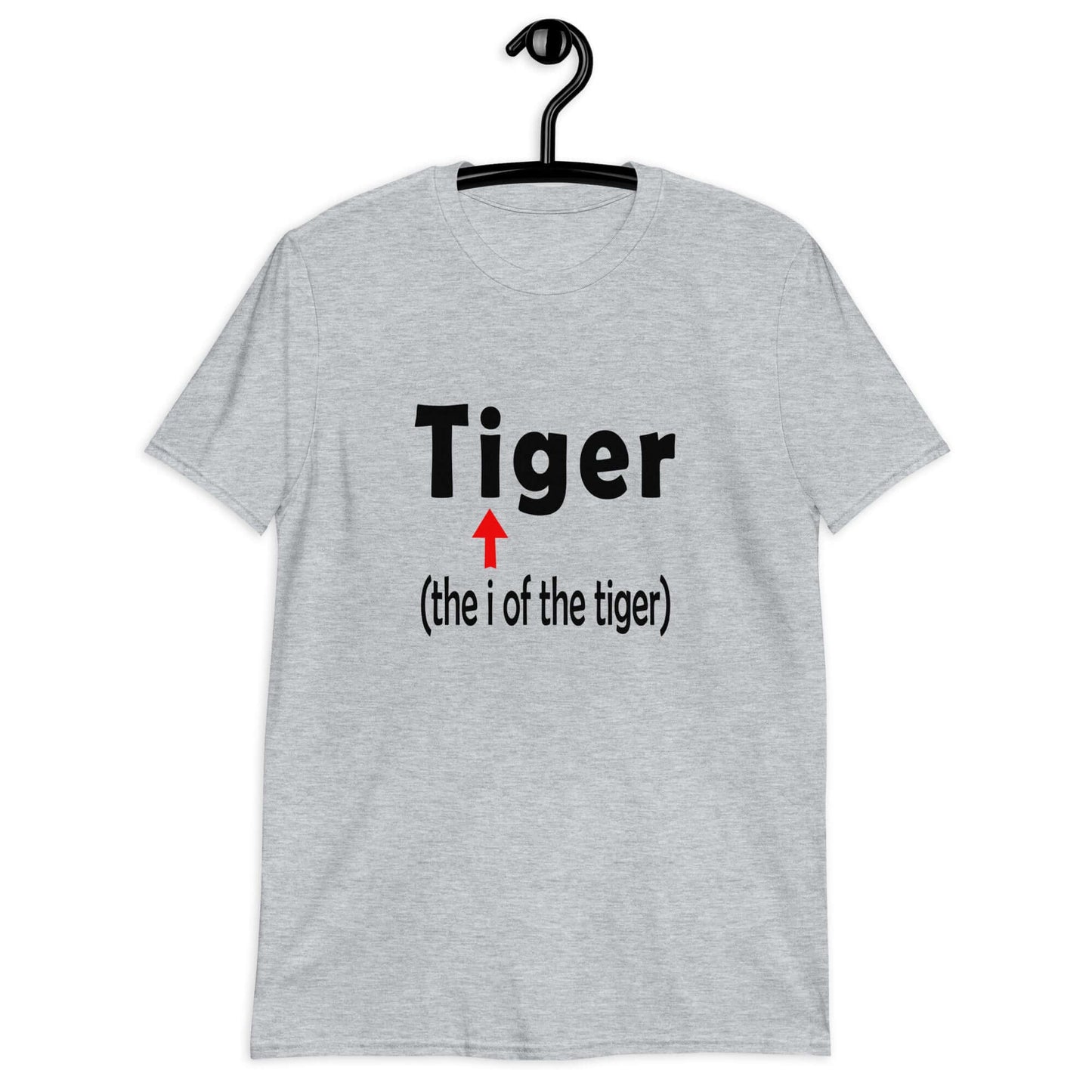 Sport grey t-shirt with the word Tiger and in smaller letters it says the I of the tiger with an arrow pointing to the letting I in the word tiger. The graphics are printed on the front of the shirt.