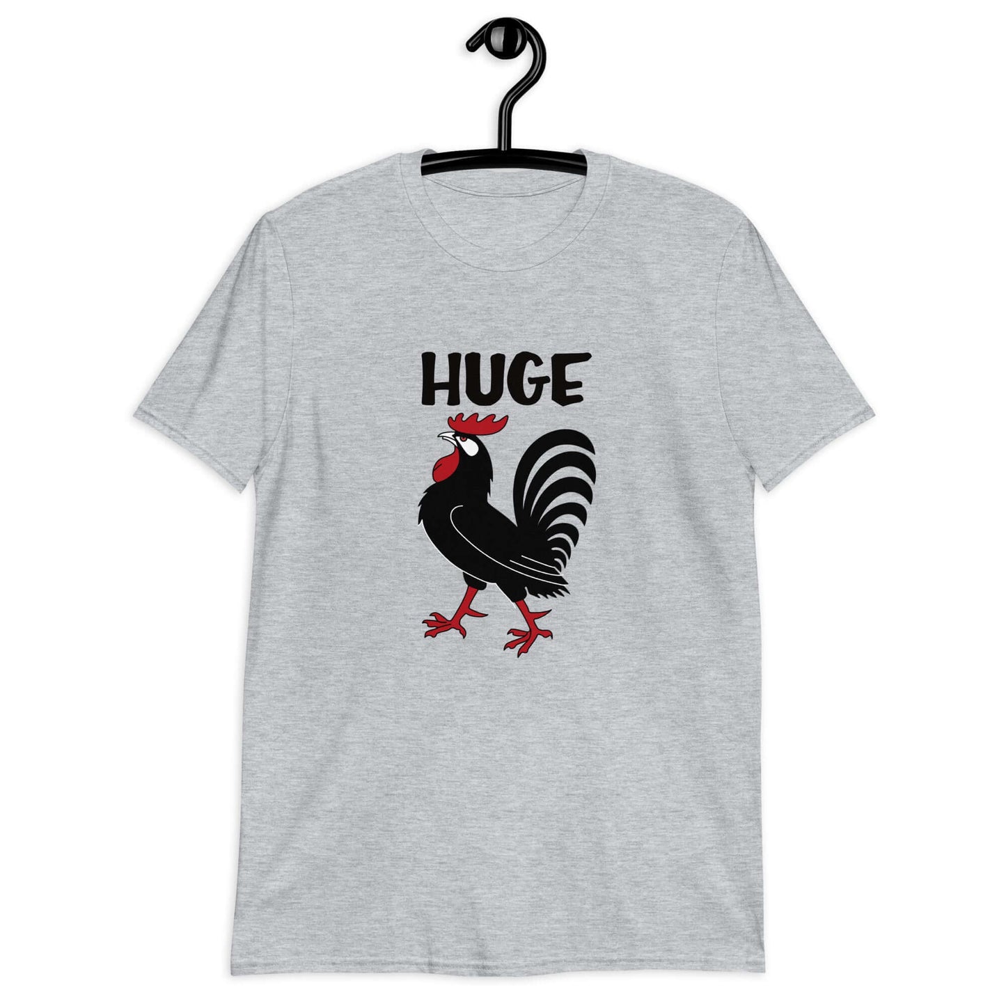 Sport grey t-shirt with an image of a rooster and the word Huge above the rooster printed on the front.