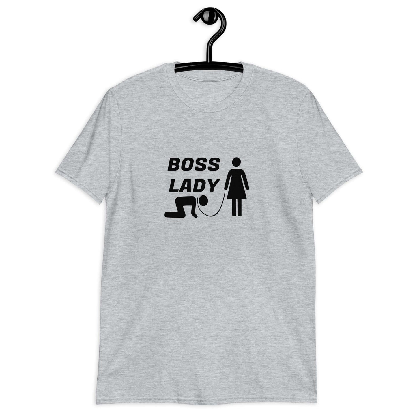 Sport grey t-shirt with graphic of collared and leashed man on his hands and knees being led by a woman and the words Boss lady above. The graphics are printed on the front of the shirt.