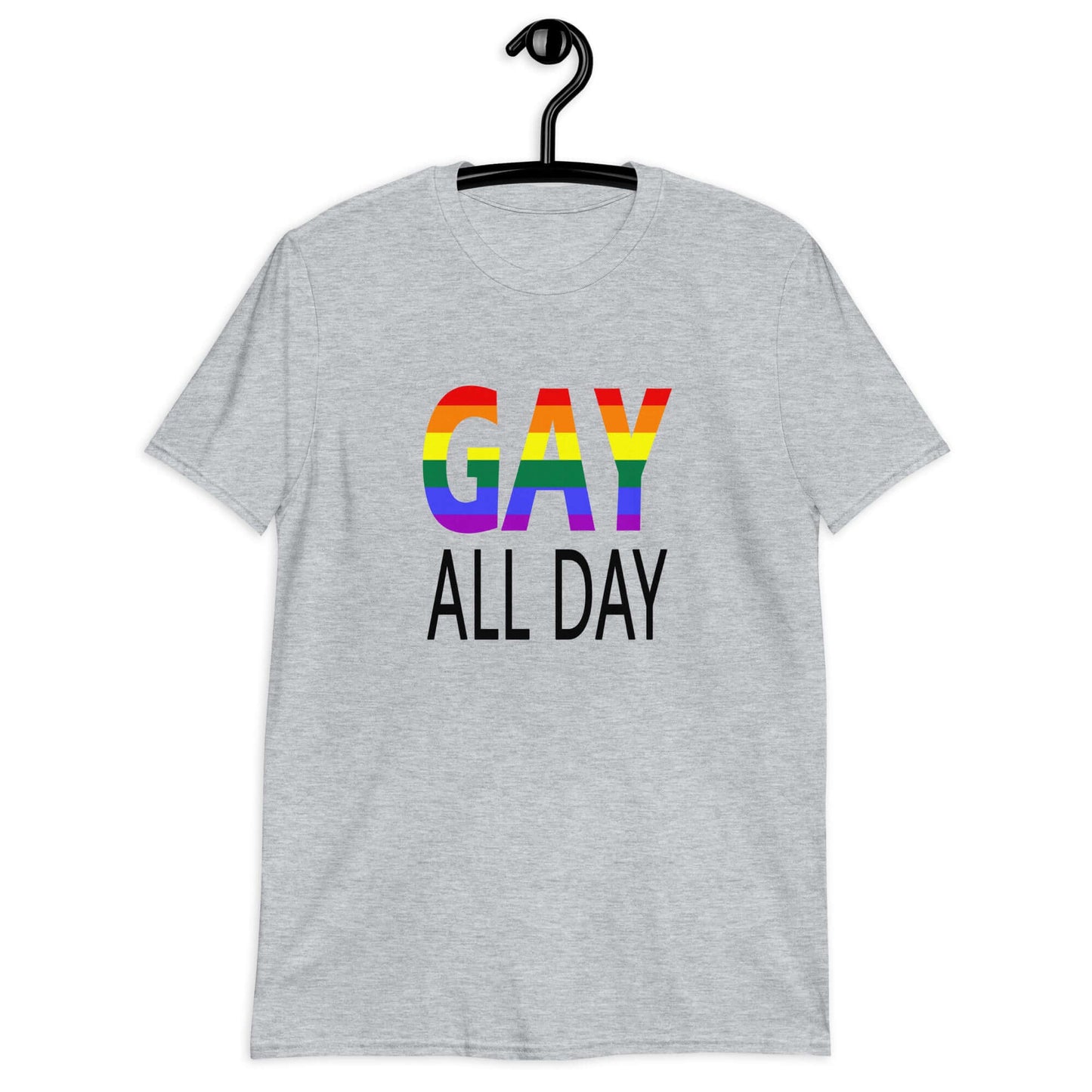 Sport grey t-shirt with the words Gay all day printed on the front. The word Gay is in rainbow stripe font.