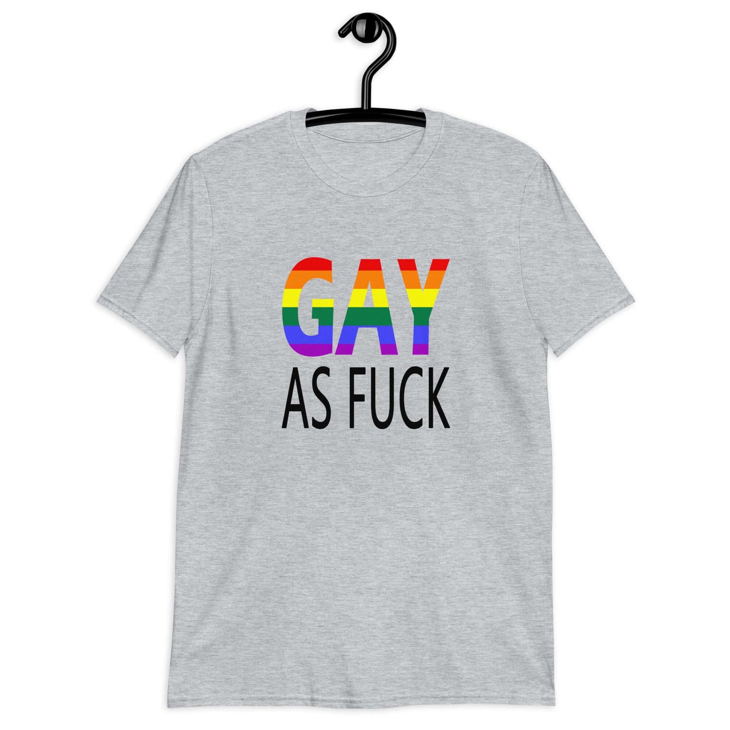 Sport grey t-shirt with the words Gay as fuck printed on the front. The word Gay is in rainbow stripe font.