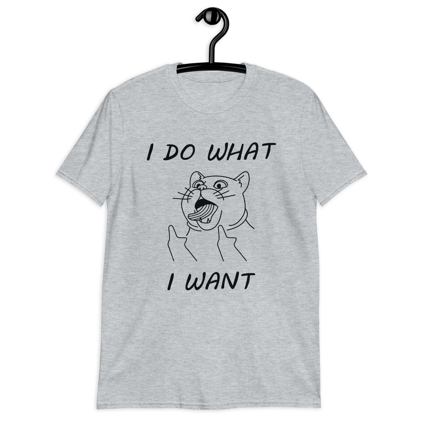 Sport grey t-shirt with cat flipping middle fingers and the words I do what I want printed on the front.