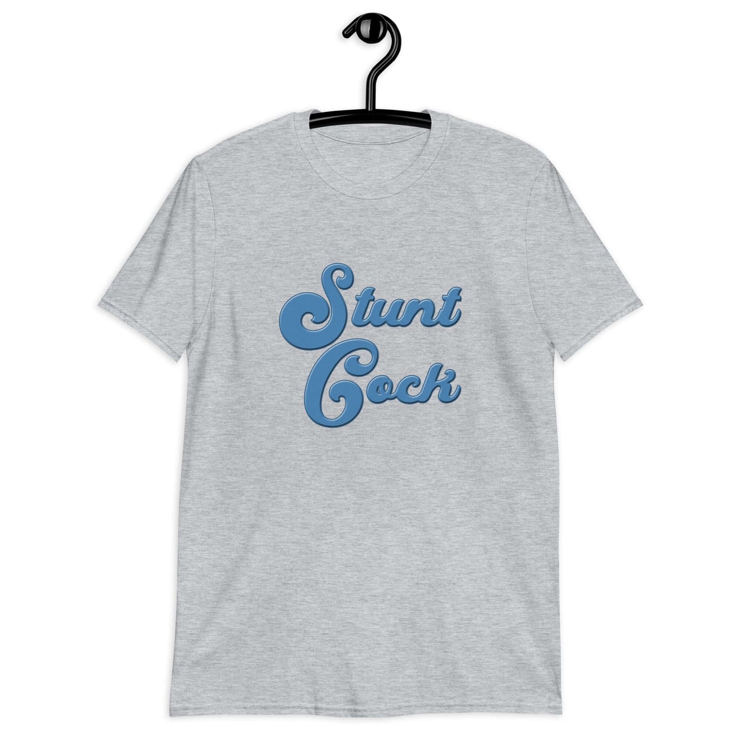 Sport grey t-shirt with the words Stunt Cock printed on the front in blue.