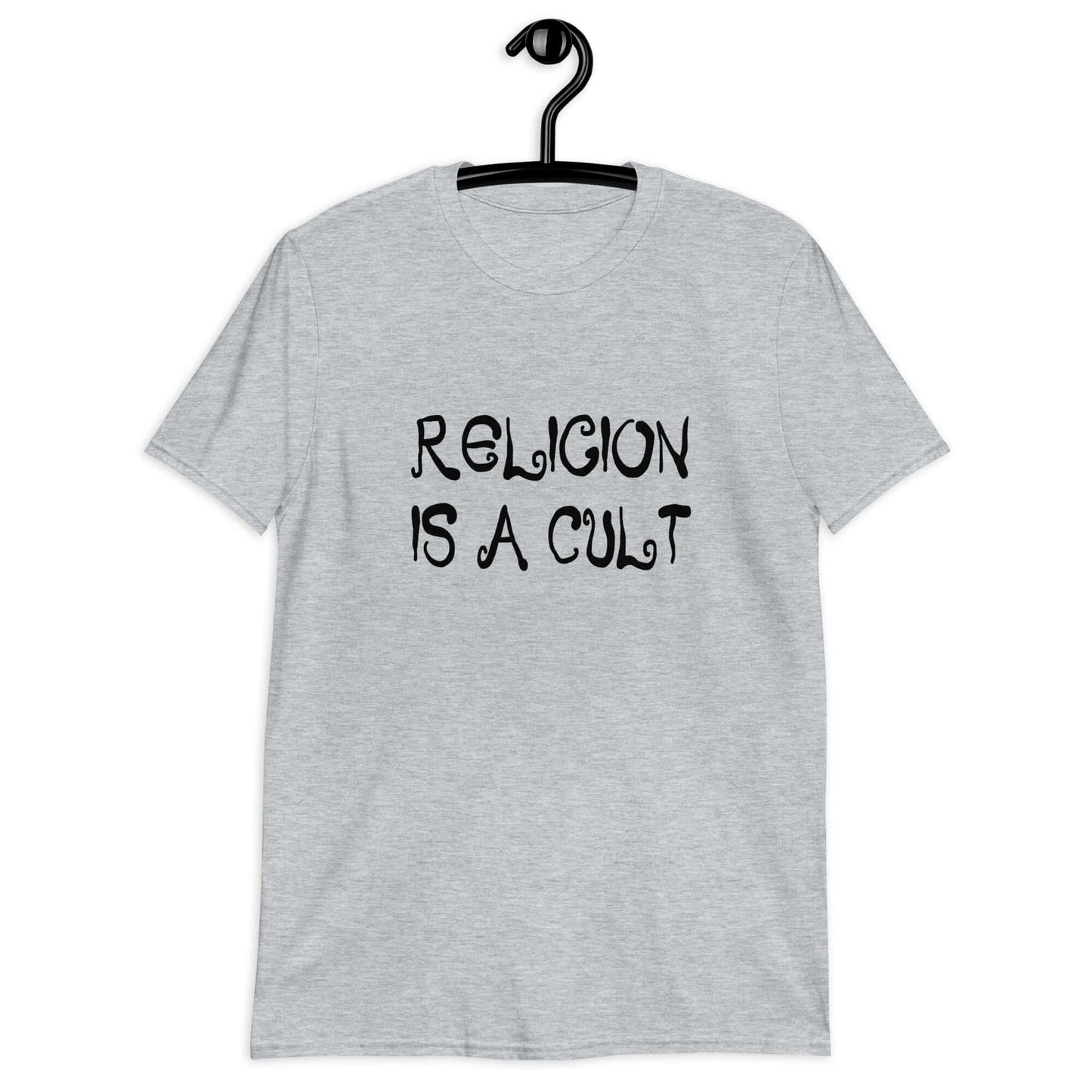 Sport grey t-shirt with the phrase Religion is a cult printed on the front.