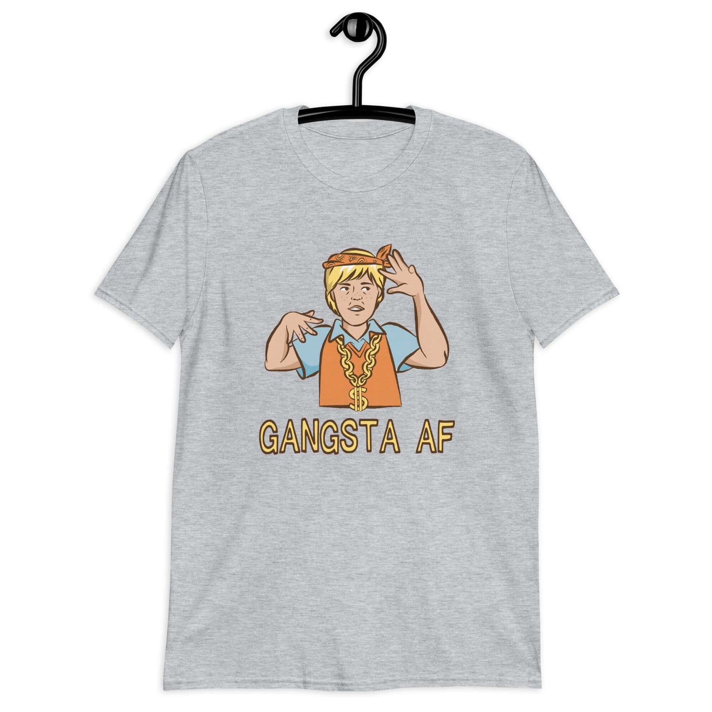 Sport grey t-shirt with a parody image of a blond haired child trying to be a gangster with the words Gangsta AF printed on the front.