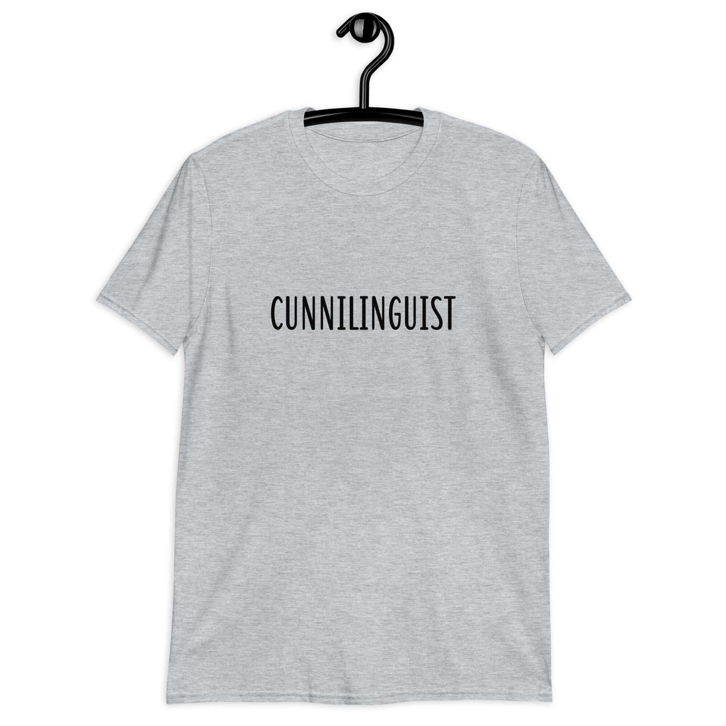Sport grey t-shirt with the word Cunnilinguist printed on the front.
