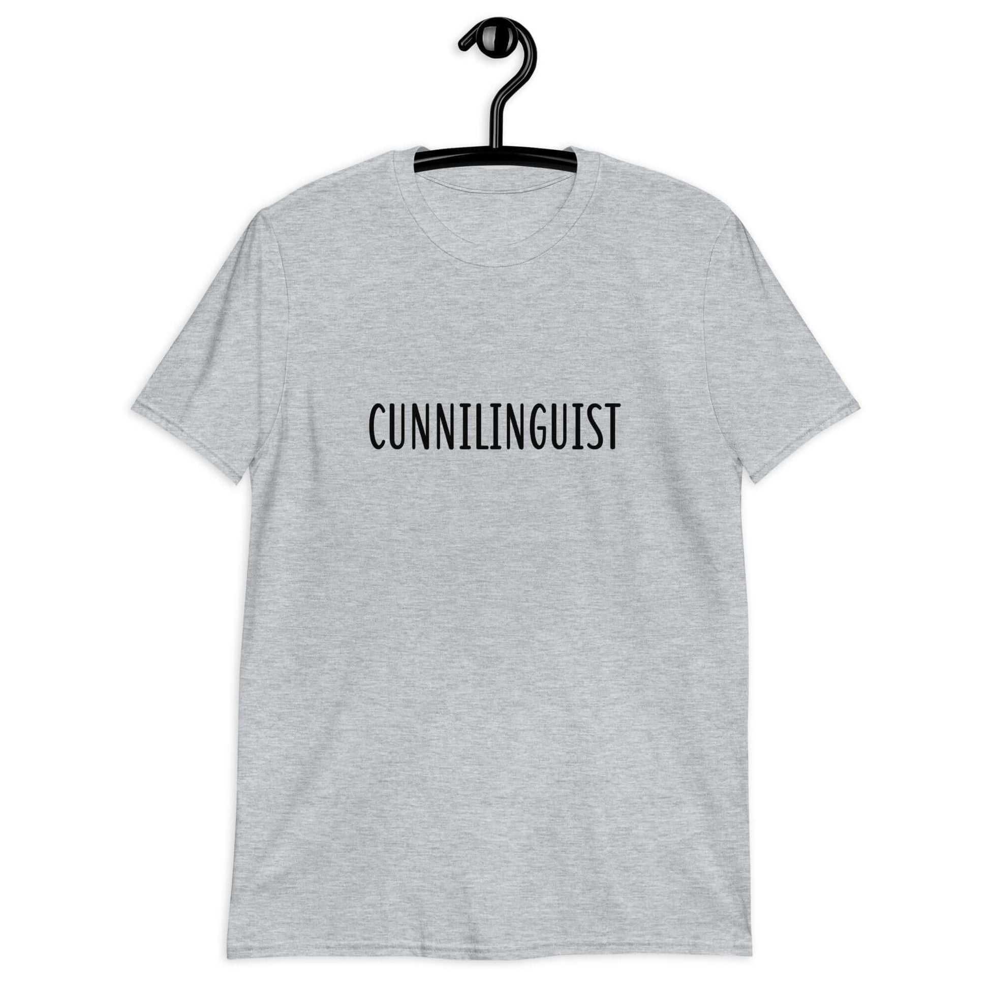 Sport grey t-shirt with the word Cunnilinguist printed on the front.