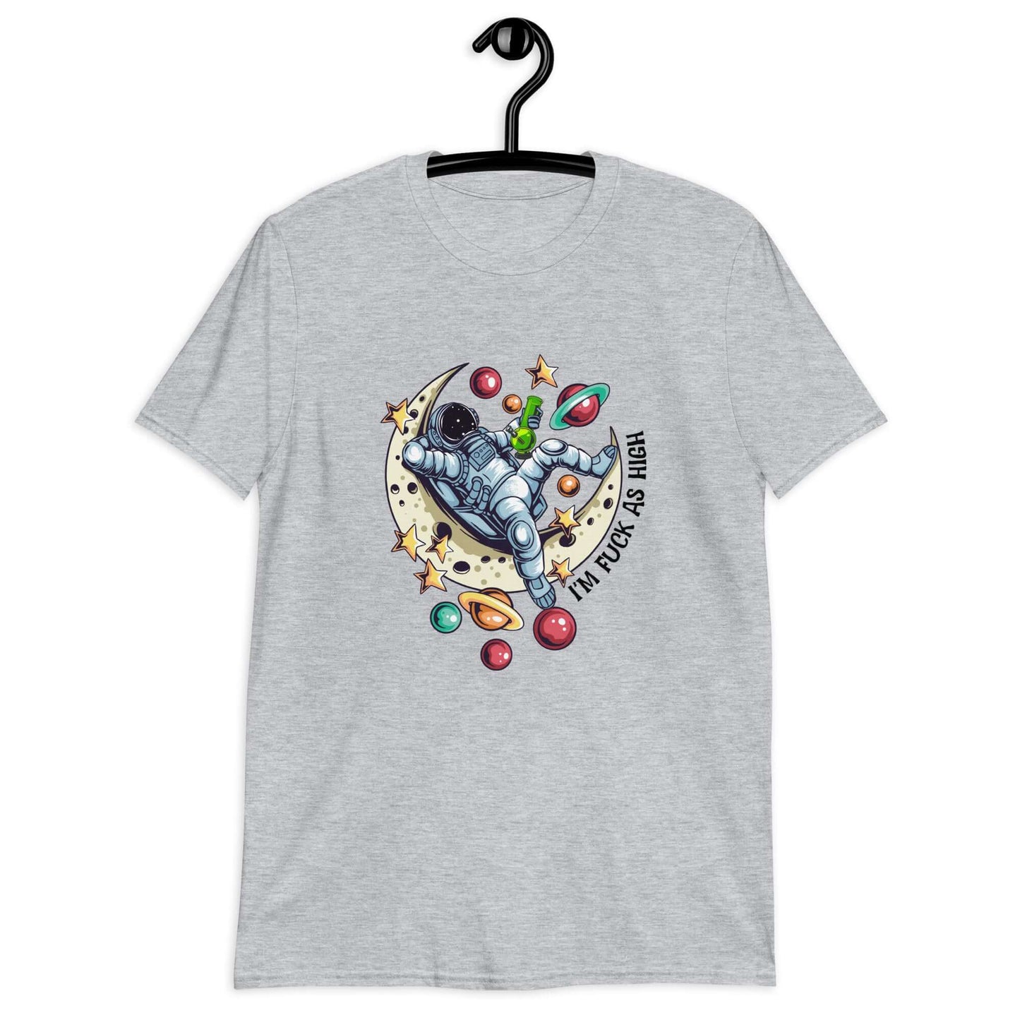 Sport grey t-shirt with graphic of an astronaut sitting on the moon while smoking a bong with the phrase I'm fuck as high printed on the front.
