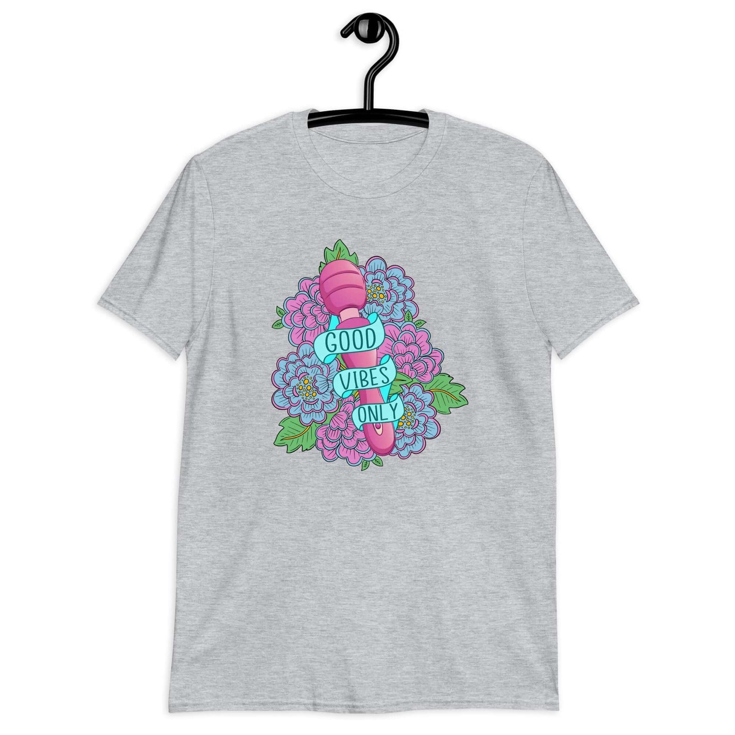 Sport grey t-shirt with graphic design that has the words Good vibes only layered over a pink wand vibrator with flowers around. The graphic design is printed on the front of the shirt.