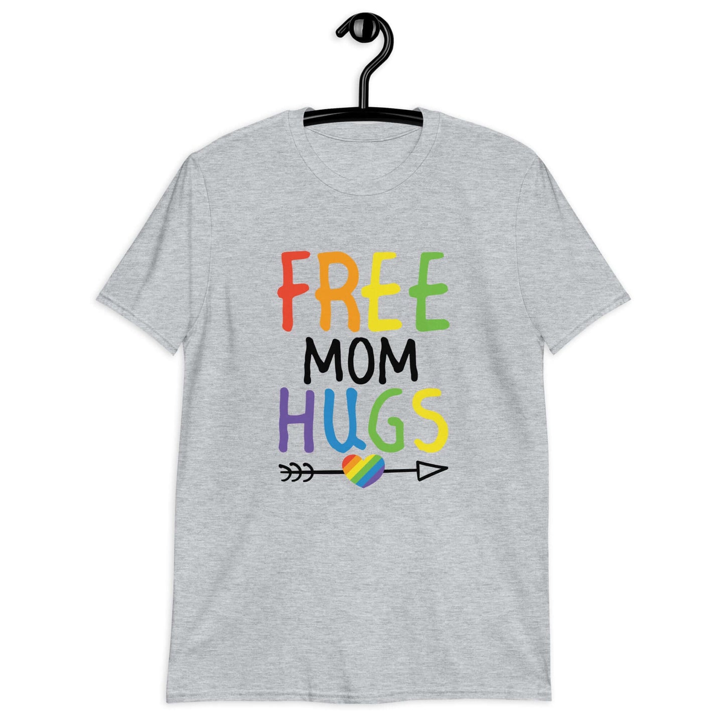 Sport grey t-shirt with the phrase Free Mom hugs in rainbow lettering printed on the front.