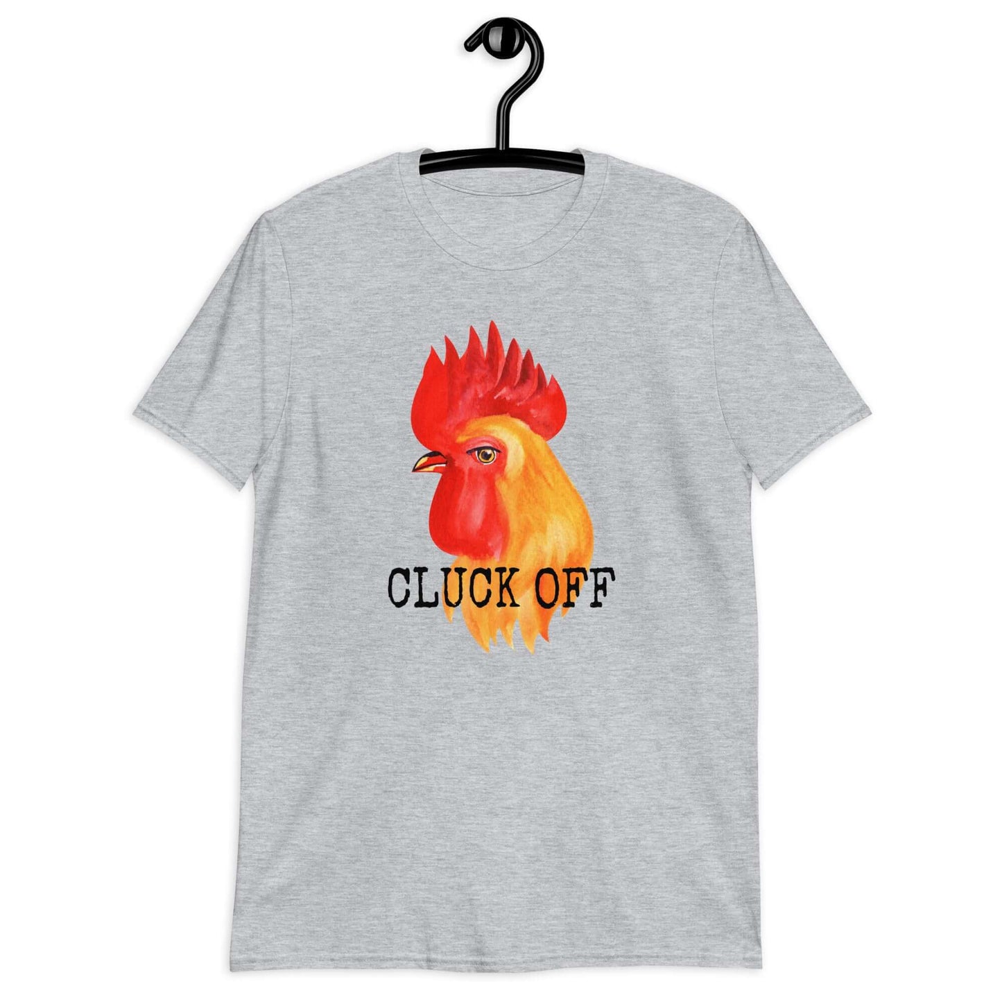 Sport grey T-shirt that has graphic of a chicken and the words Cluck off printed on the front.