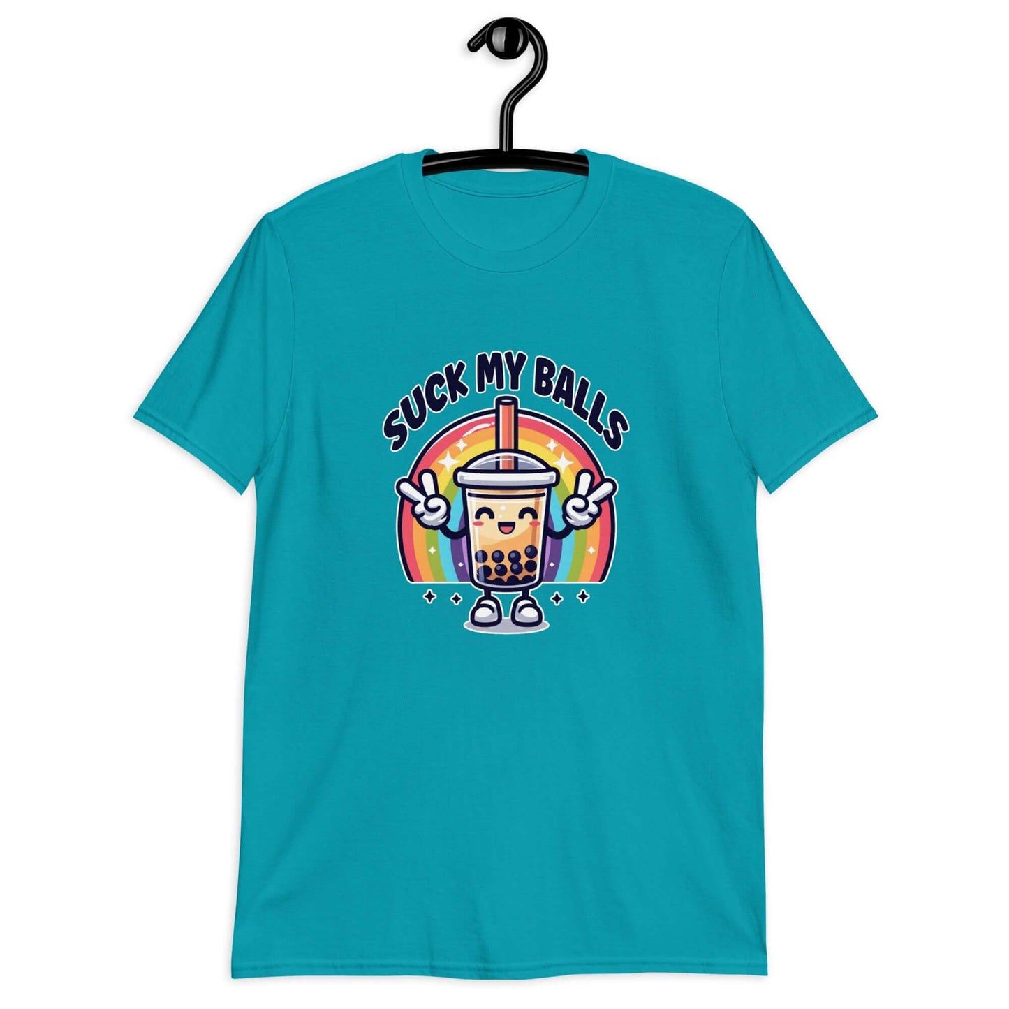 Tropical blue t-shirt with graphics of a rainbow and a smiling boba bubble tea. The bubble tea has arms and legs. The phrase Suck my balls is printed above the rainbow. The graphics are on the front of the shirt.