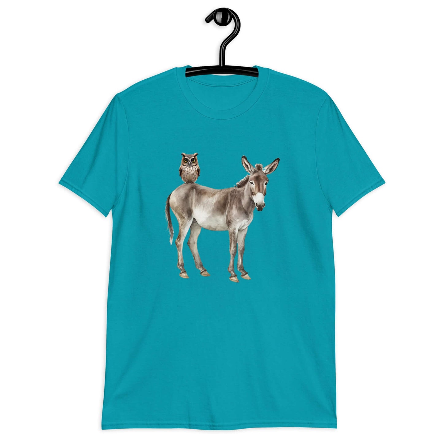 Tropical blue t-shirt with an image of a donkey with wise owl sitting on it printed on the front.