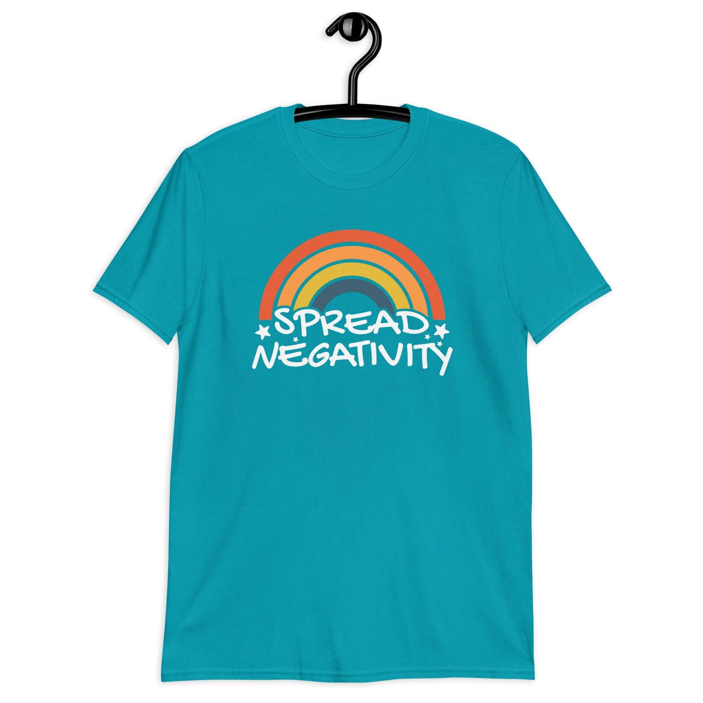 Tropical blue t-shirt with a graphic of a rainbow and the words Spread negativity printed on the front.