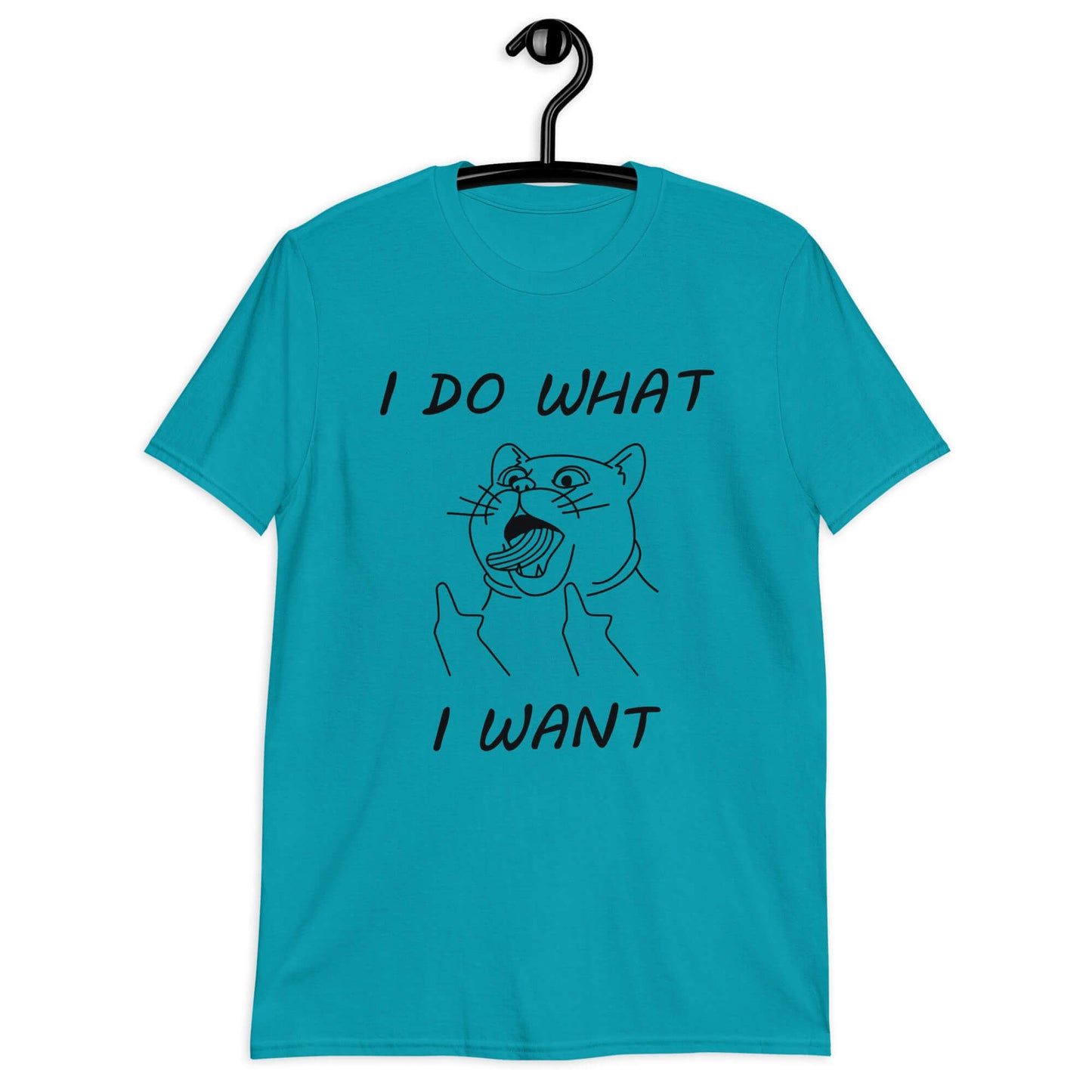 Tropical blue t-shirt with cat flipping middle fingers and the words I do what I want printed on the front.