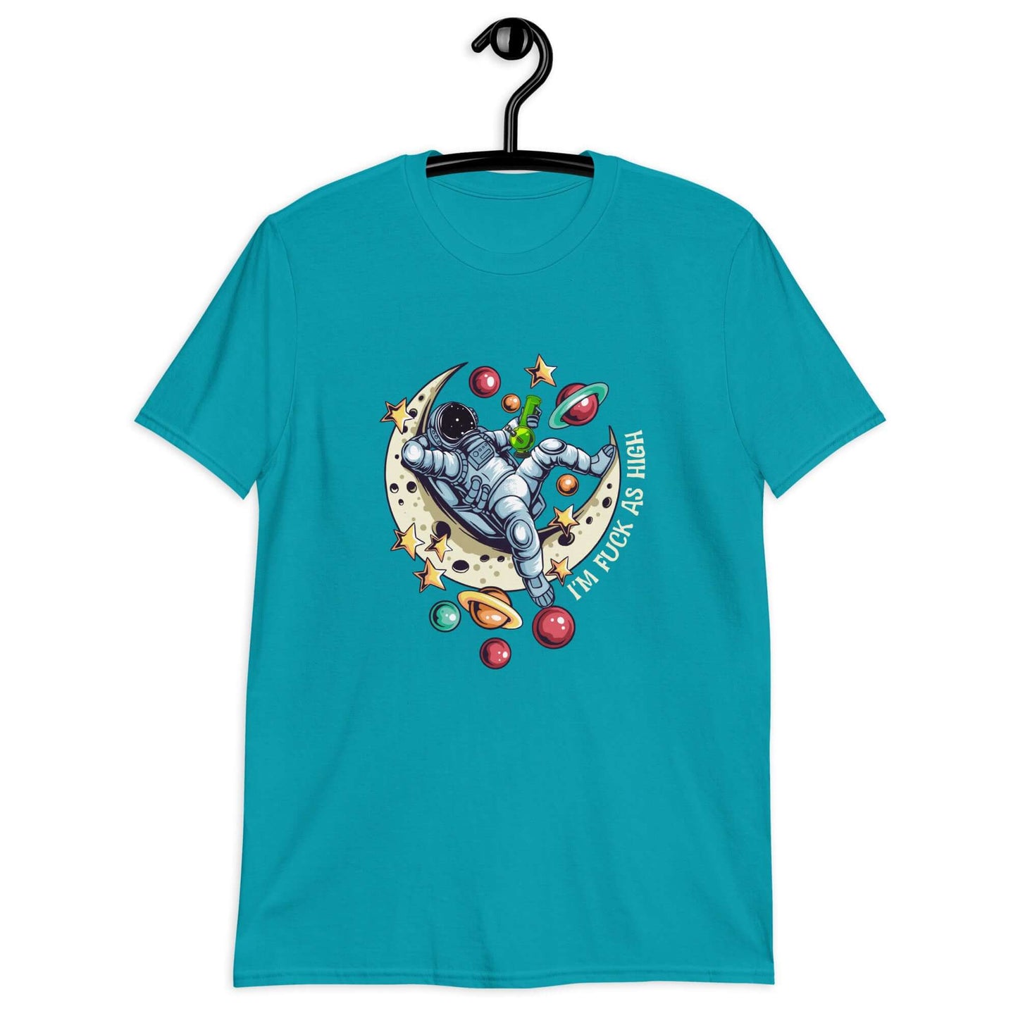 Tropical blue t-shirt with graphic of an astronaut sitting on the moon while smoking a bong with the phrase I'm fuck as high printed on the front.