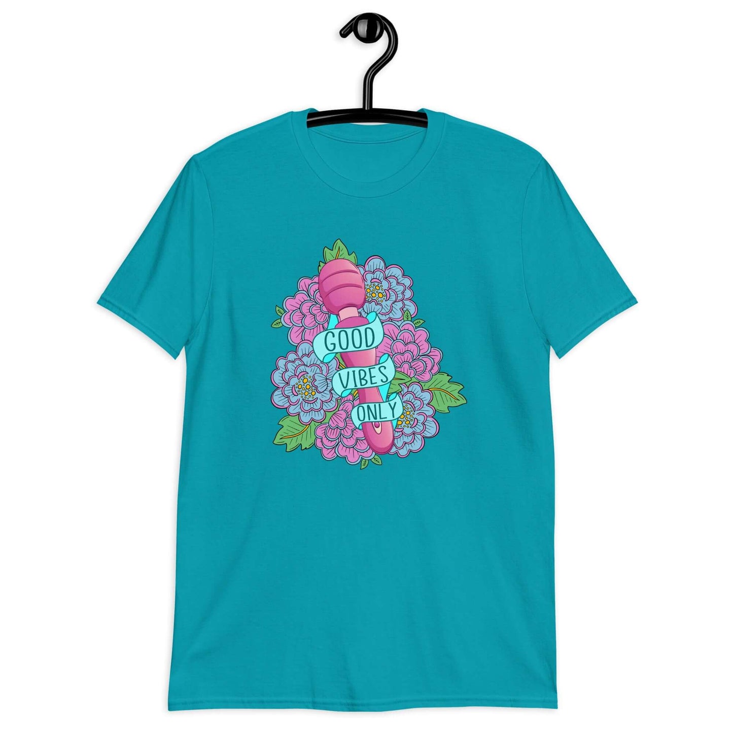 Tropical blue t-shirt with graphic design that has the words Good vibes only layered over a pink wand vibrator with flowers around. The graphic design is printed on the front of the shirt.