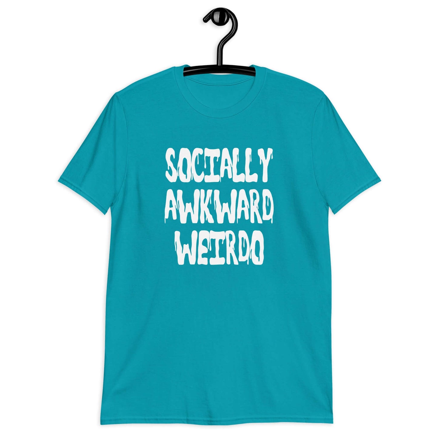 Tropical blue t-shirt with the phrase Socially awkward weirdo printed on the front.