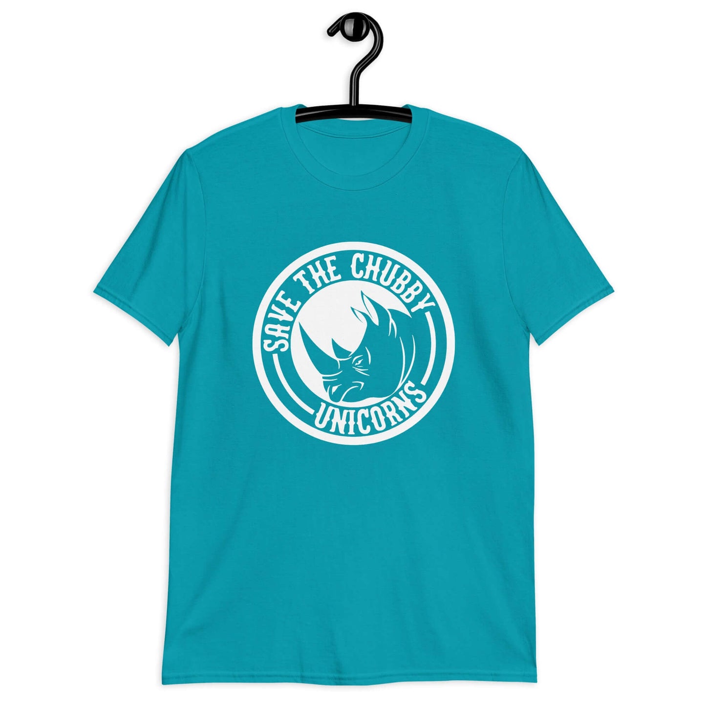 Tropical blue t-shirt with a funny graphic of a rhinoceros & the words Save the chubby unicorns printed on the front.