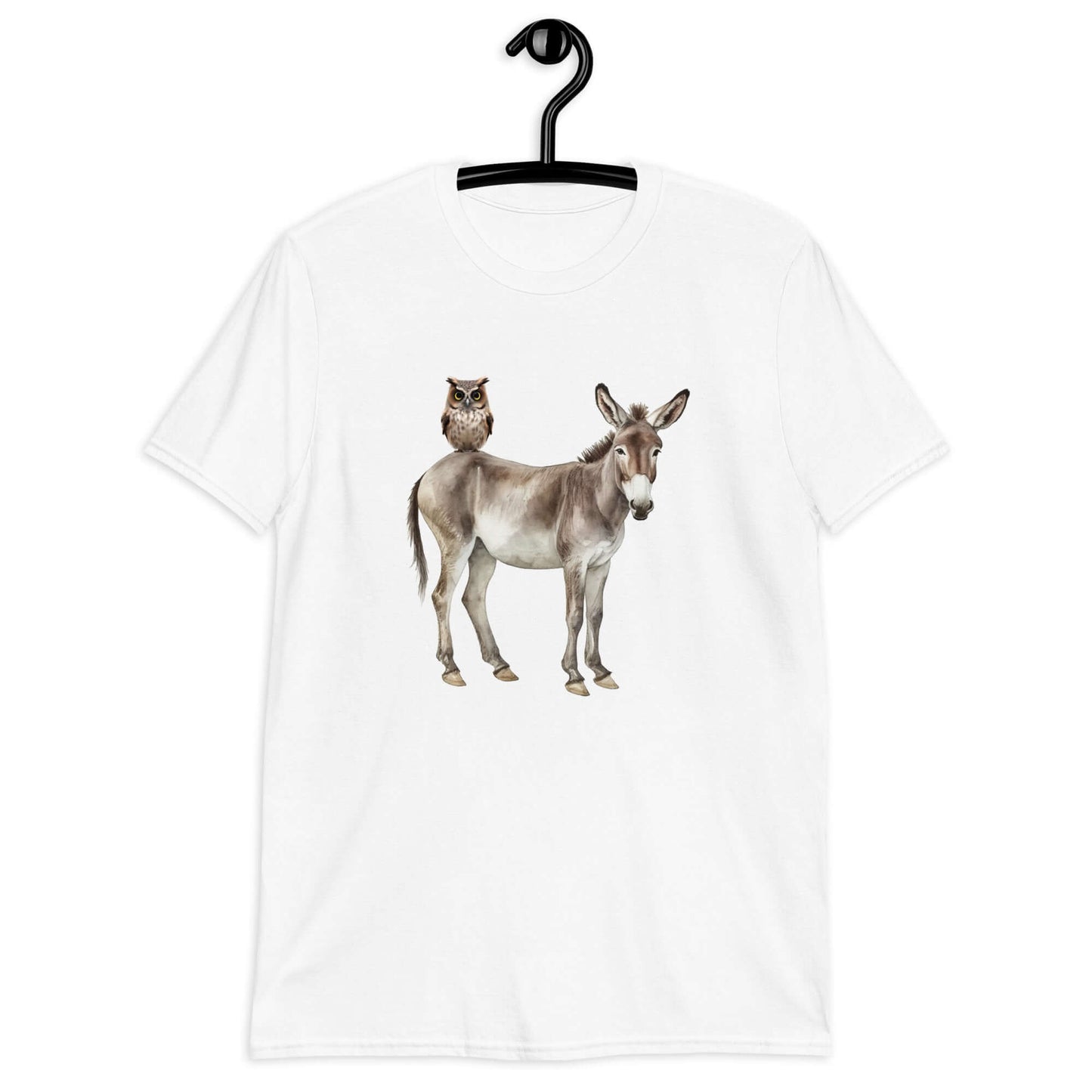 White t-shirt with an image of a donkey with wise owl sitting on it printed on the front.
