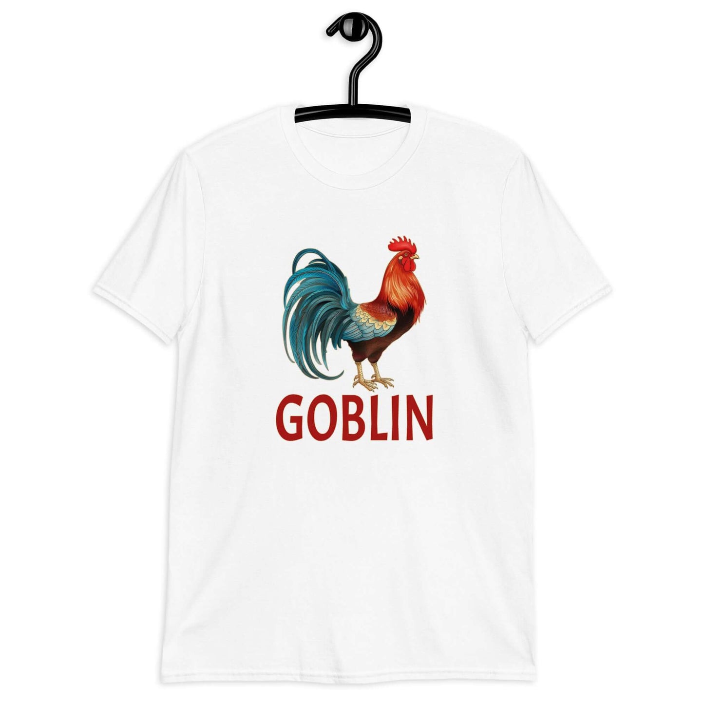 White t-shirt with an image of a rooster and the word Goblin printed under the rooster. The graphics are printed on the front of the shirt.