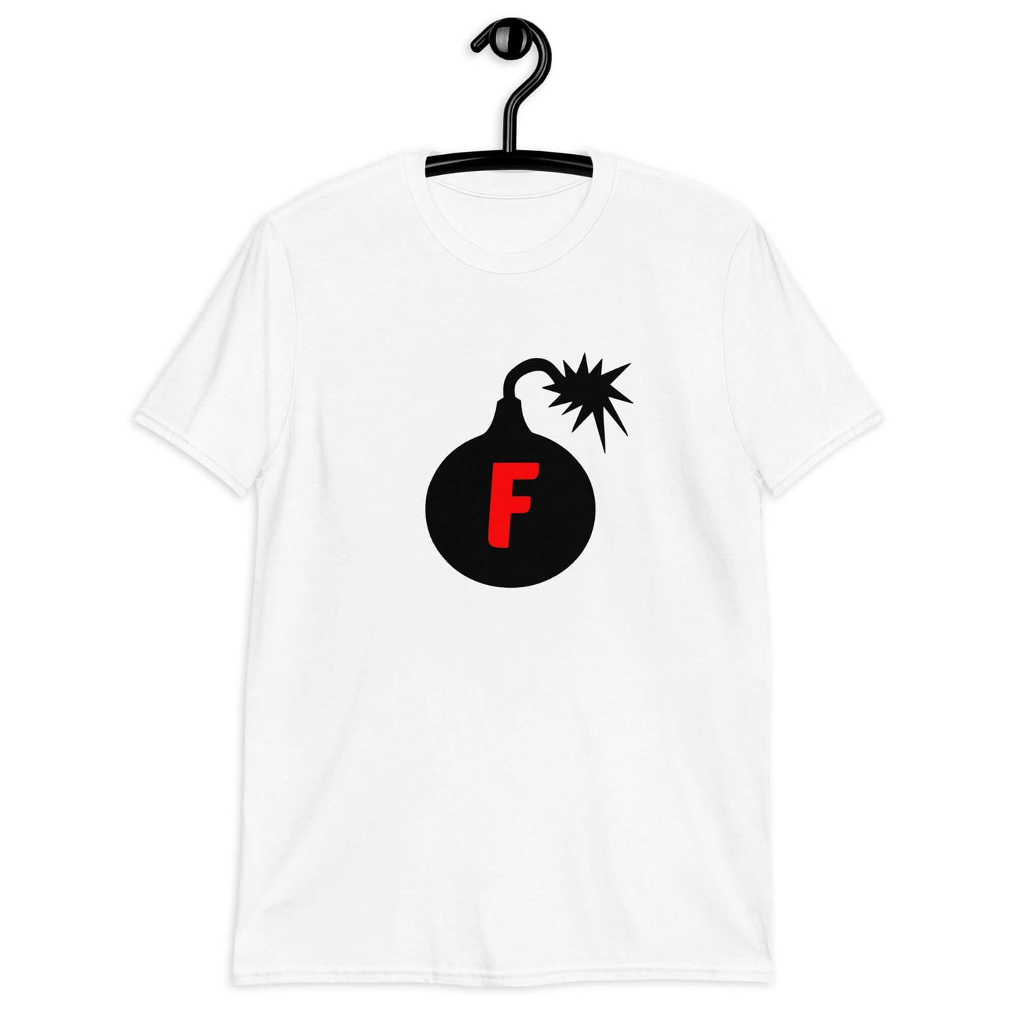 White t-shirt with an image of a bomb with the letter F printed in the center. The graphics are printed on the front of the shirt.