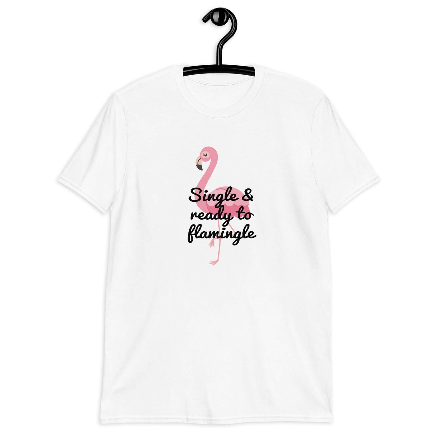 White t-shirt with an image of a flamingo and the words Single and ready to flamingle printed on the front.