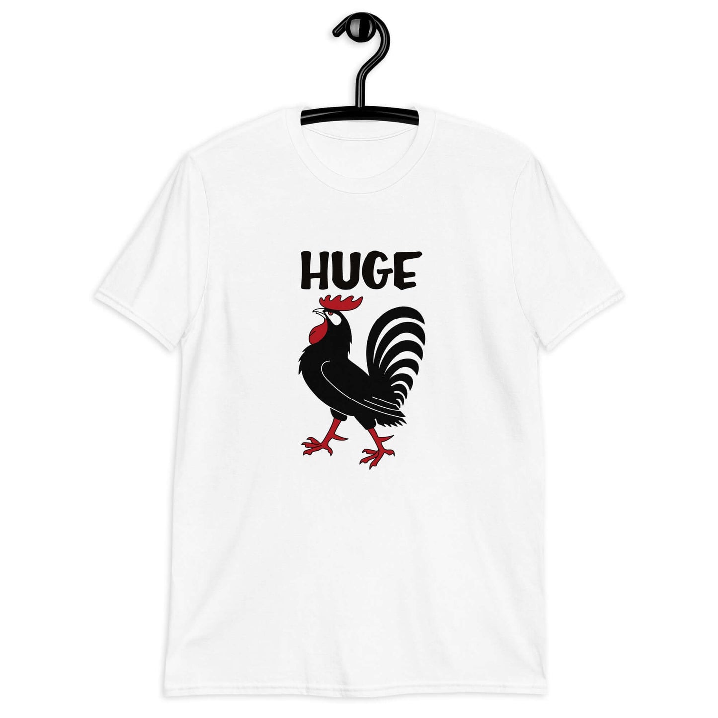 White t-shirt with an image of a rooster and the word Huge above the rooster printed on the front.