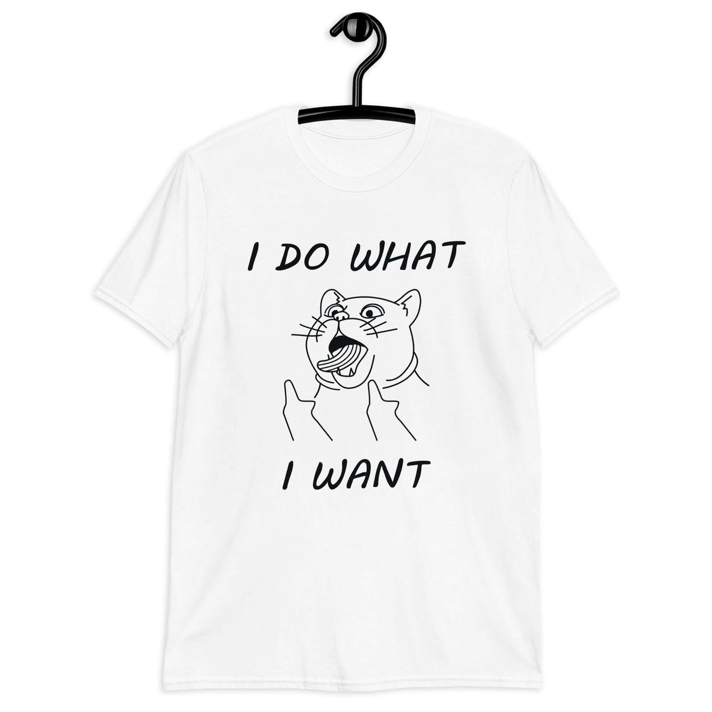 White t-shirt with cat flipping middle fingers and the words I do what I want printed on the front.