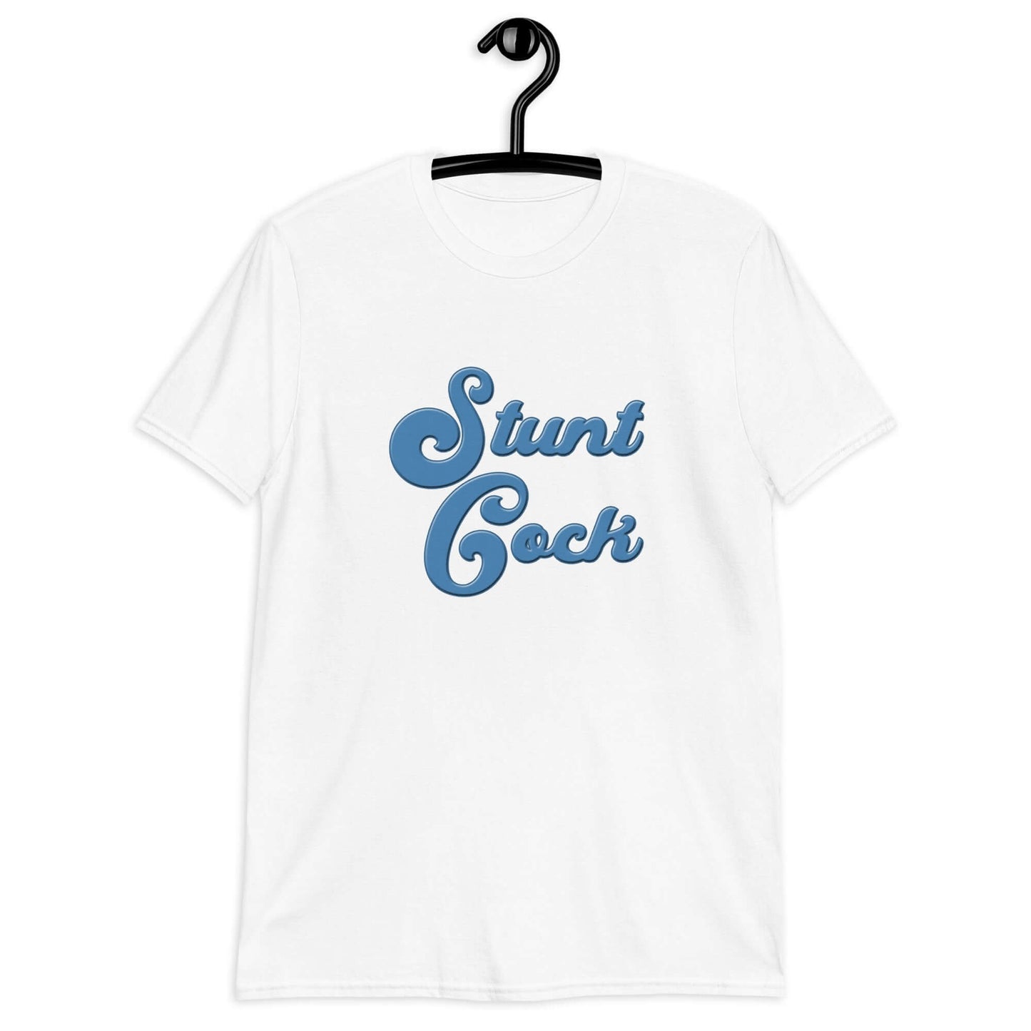 White t-shirt with the words Stunt Cock printed on the front in blue.