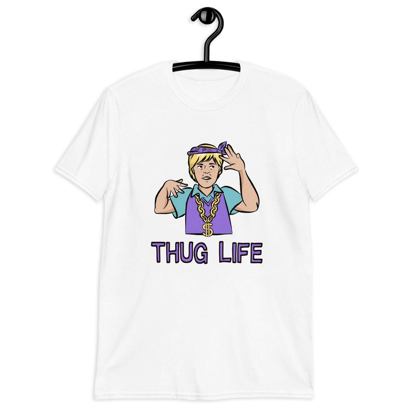 White t-shirt with a parody image of a blond haired child trying to be a gangster with the words Thug Life printed on the front.