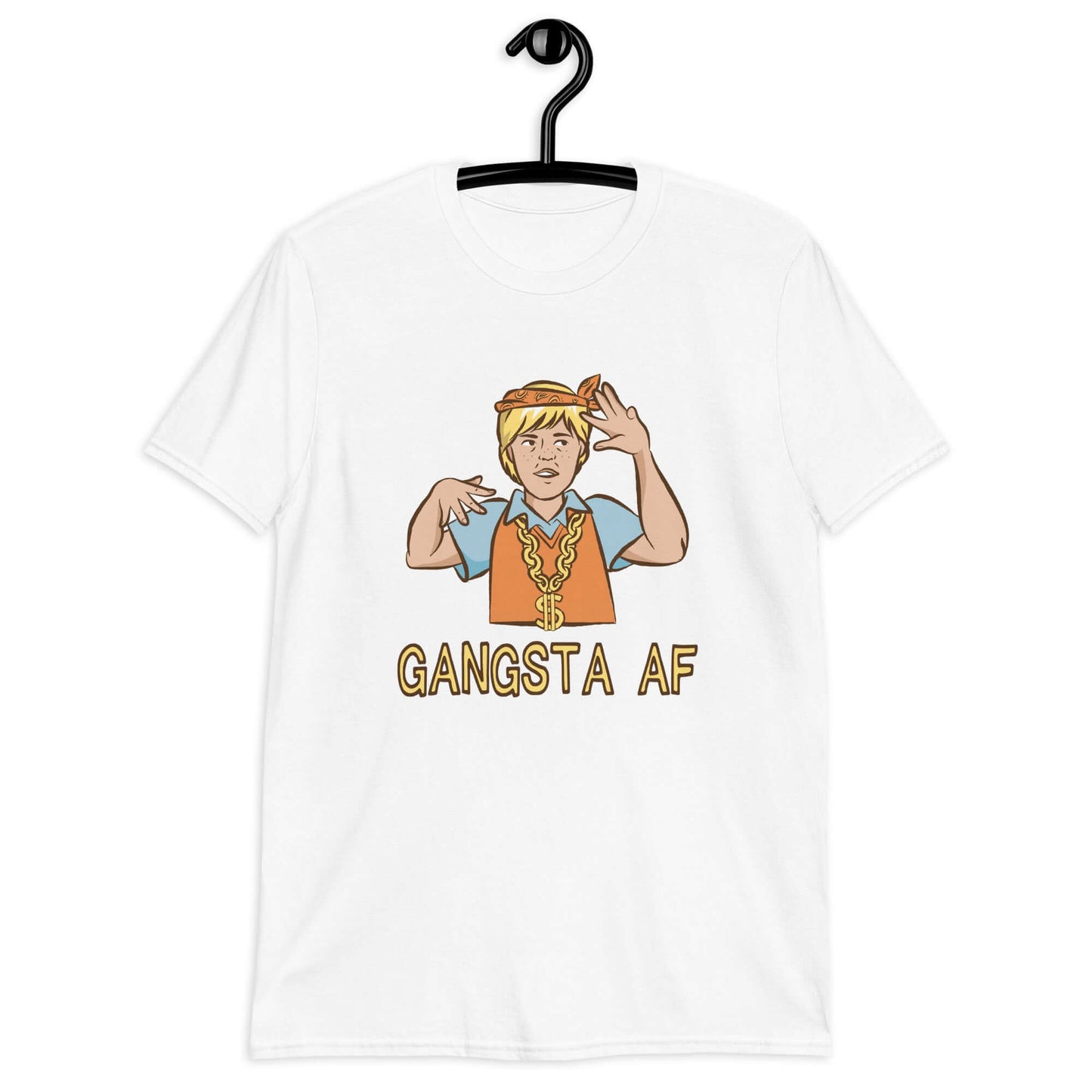 White t-shirt with a parody image of a blond haired child trying to be a gangster with the words Gangsta AF printed on the front.