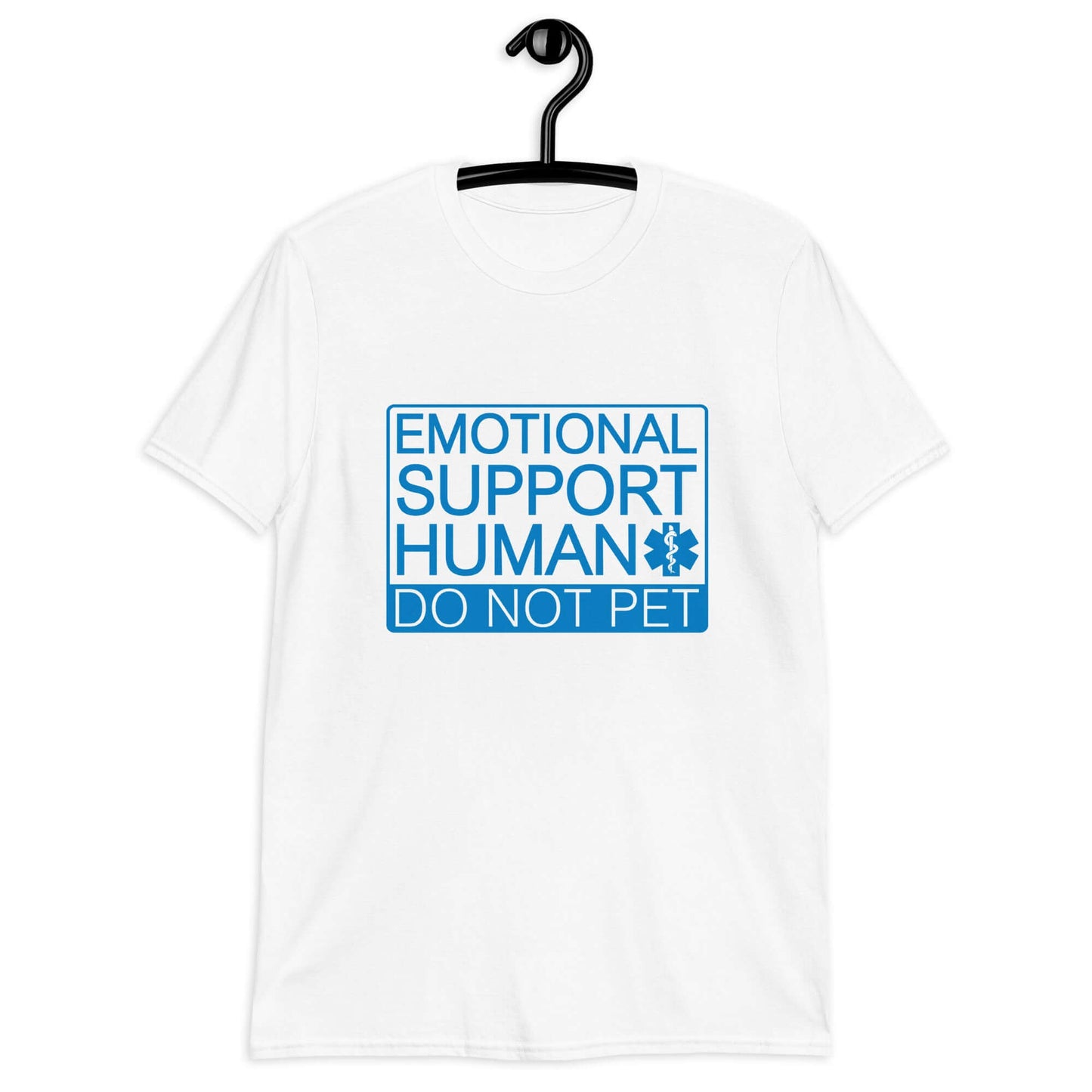 White t-shirt with the words Emotional support human, do not pet printed on the front.